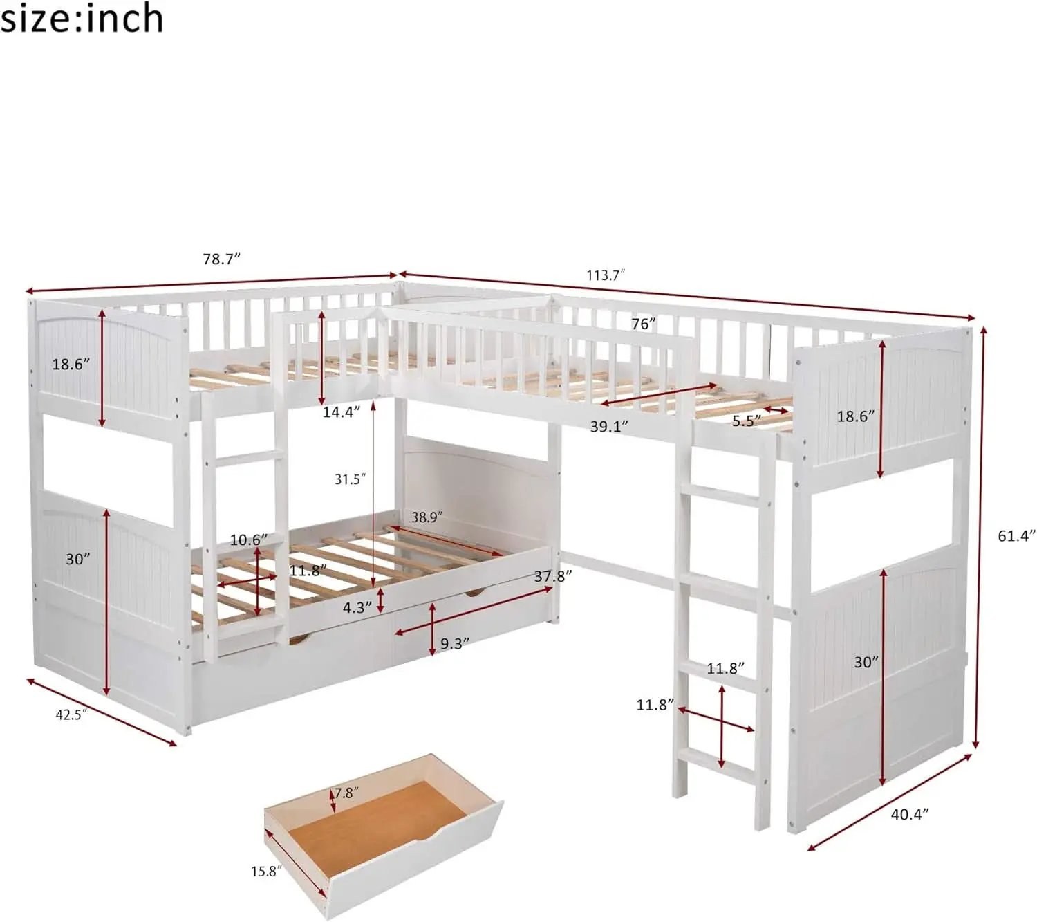 L Shaped Solid Wood Bunk Bed White Twin Over Twin Over Twin With 2 Drawers from PriceLows™