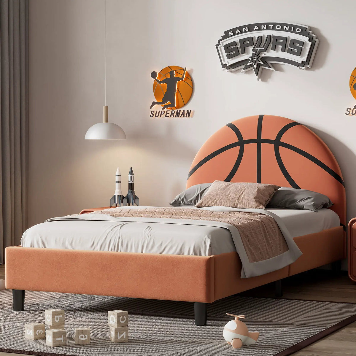 Twin Platform Bed | Basketball Headboard | Orange | Velvet Upholstery