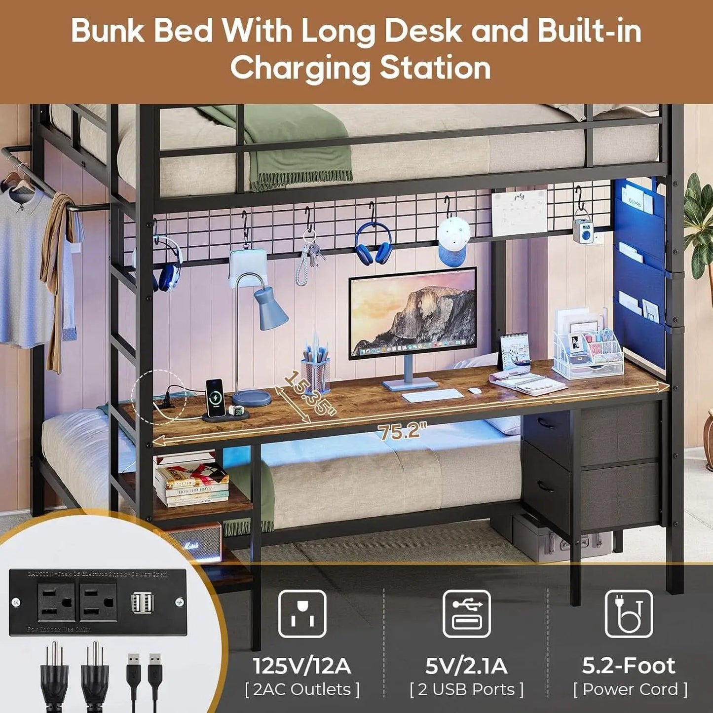 Black Full Over Twin Metal Bunk Bed With Desk LED Lights from PriceLows™