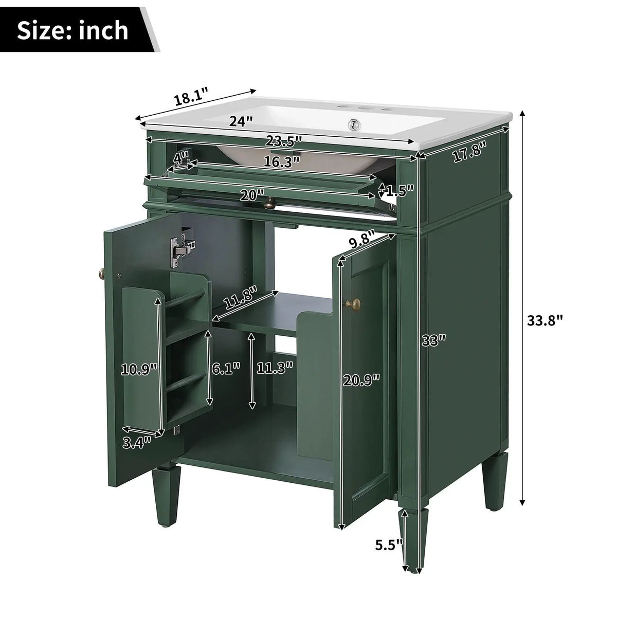 24 Inch Bathroom Vanity | 2 Doors | Tip Out Drawer | Soft Closing Hinges
