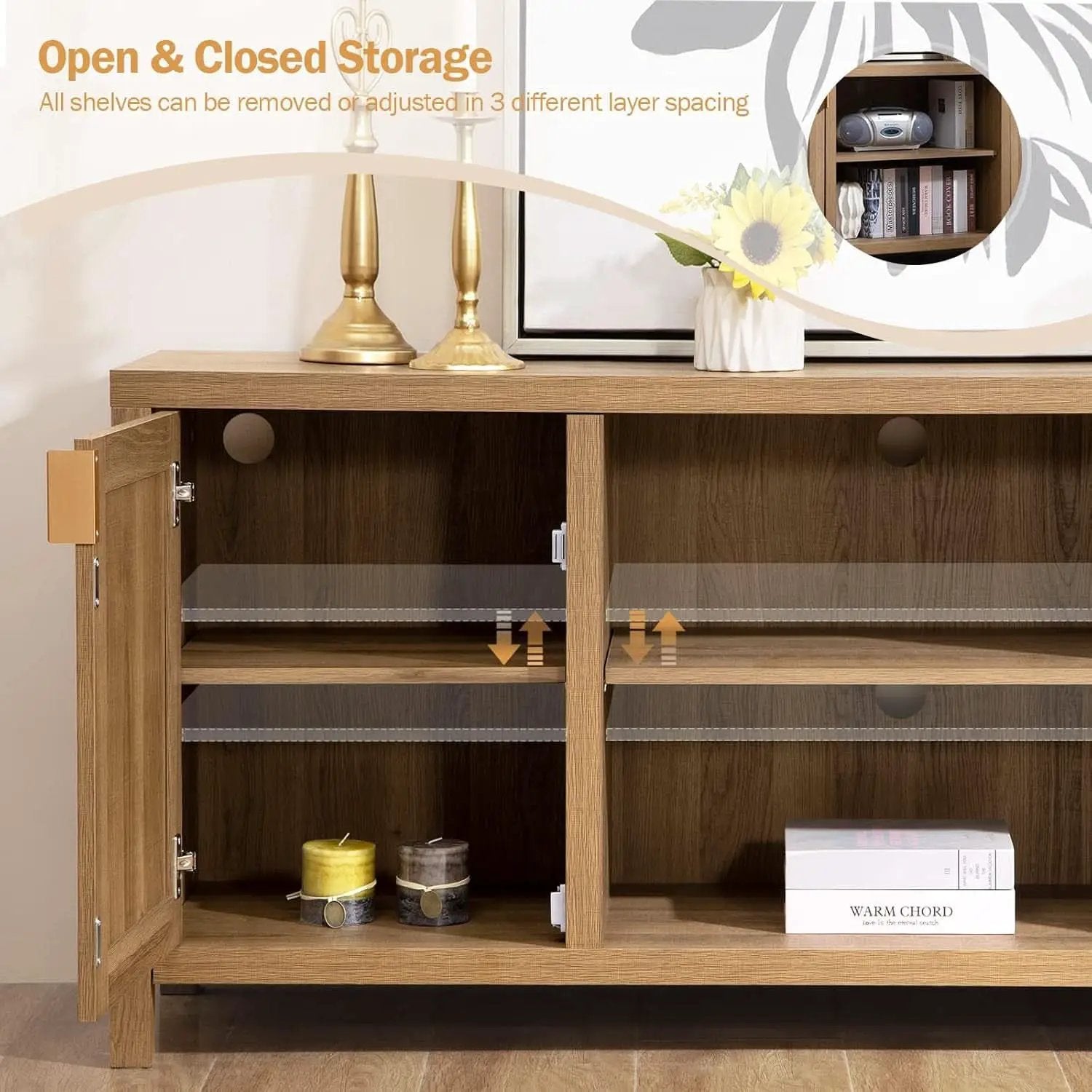 Boho Rattan TV Stand With Adjustable Shelves 59 Inch Oak from PriceLows™