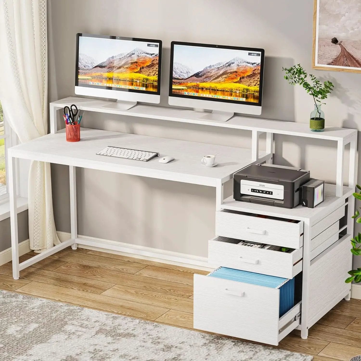 White Computer Desk With File Cabinet And Monitor Stand from PriceLows™