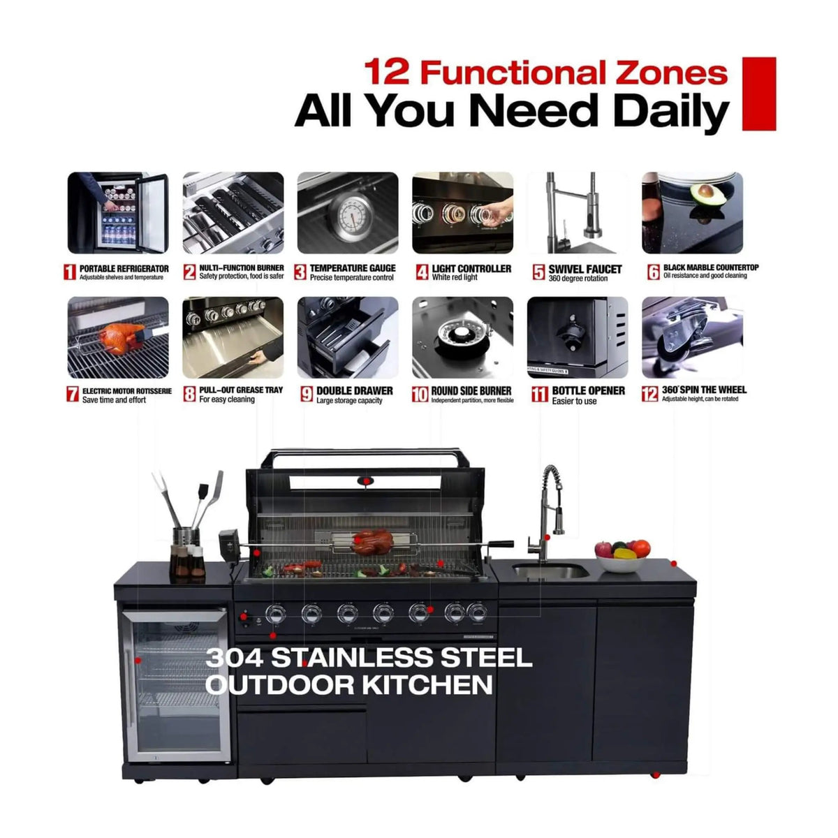 Outdoor BBQ Kitchen Grill Island | Belmont 43 Inch | 6 Burners 85K BTU | Wine Cooler And Black Granite Top