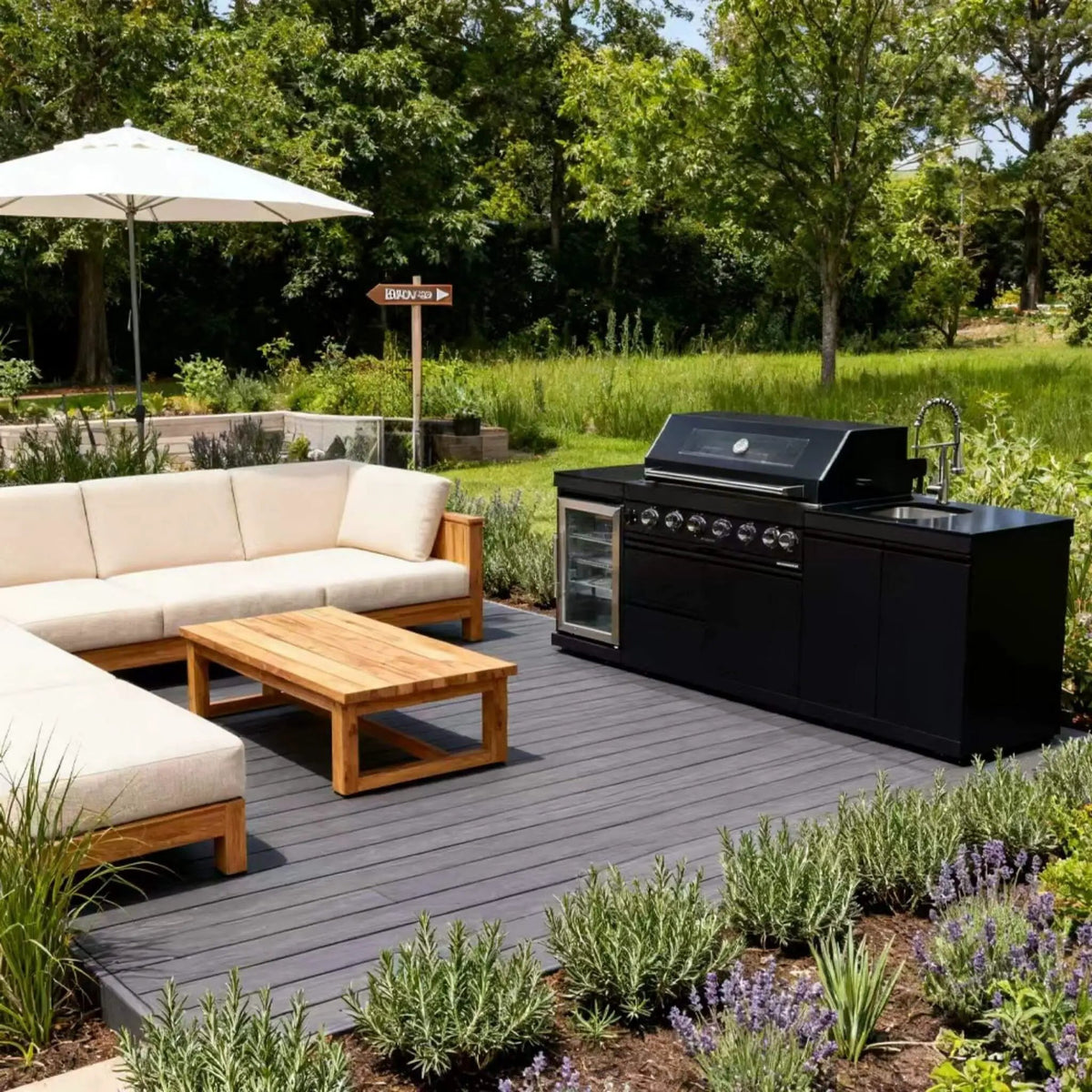 Outdoor BBQ Kitchen Grill Island | Belmont 43 Inch | 6 Burners 85K BTU | Wine Cooler And Black Granite Top