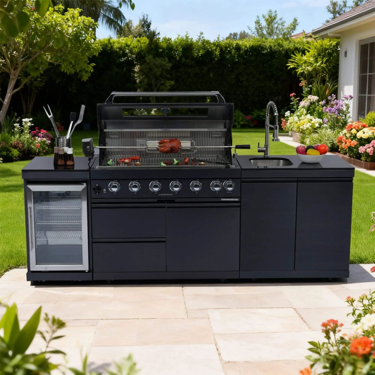 Outdoor BBQ Kitchen Grill Island | Belmont 43 Inch | 6 Burners 85K BTU | Wine Cooler And Black Granite Top