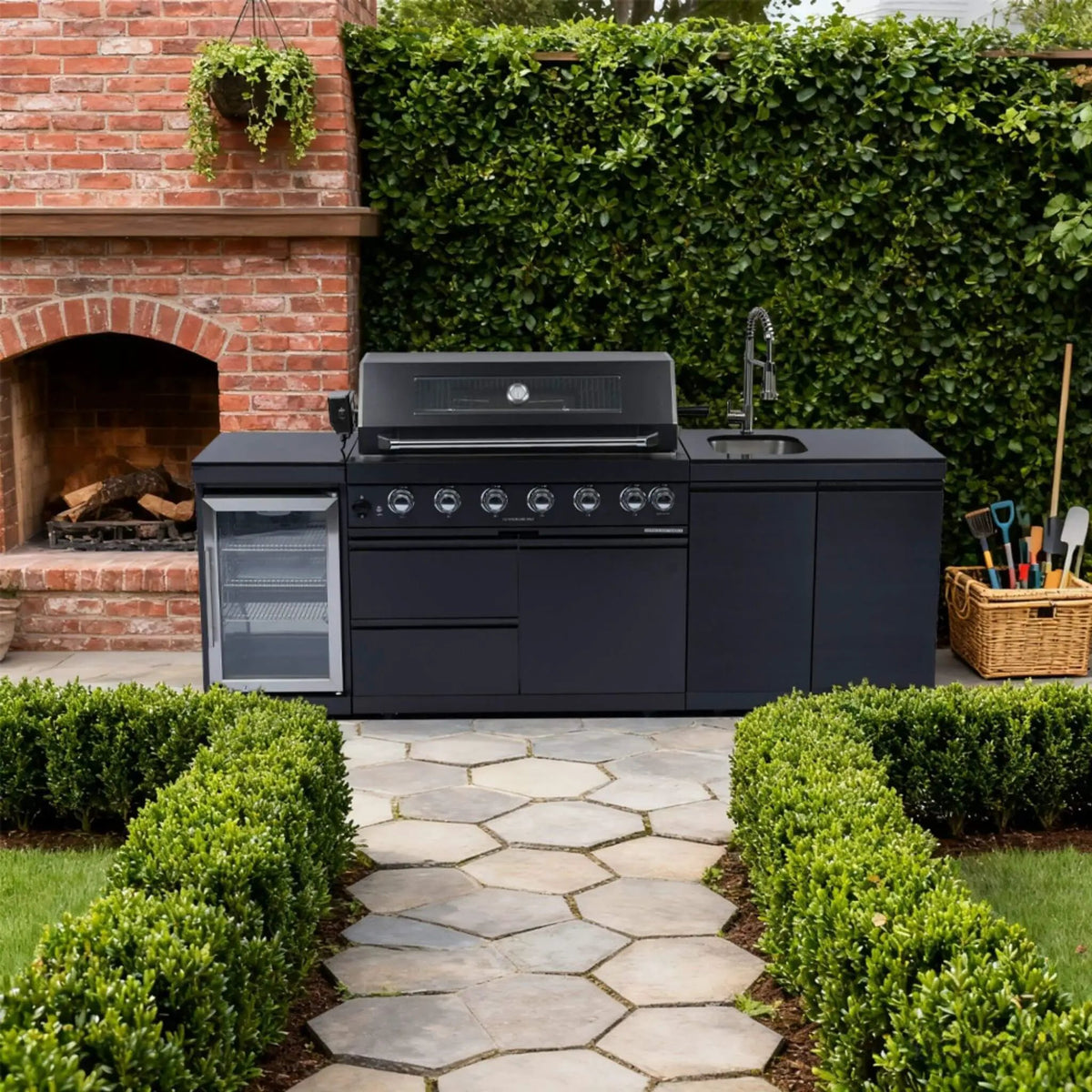 Outdoor BBQ Kitchen Grill Island | Belmont 43 Inch | 6 Burners 85K BTU | Wine Cooler And Black Granite Top