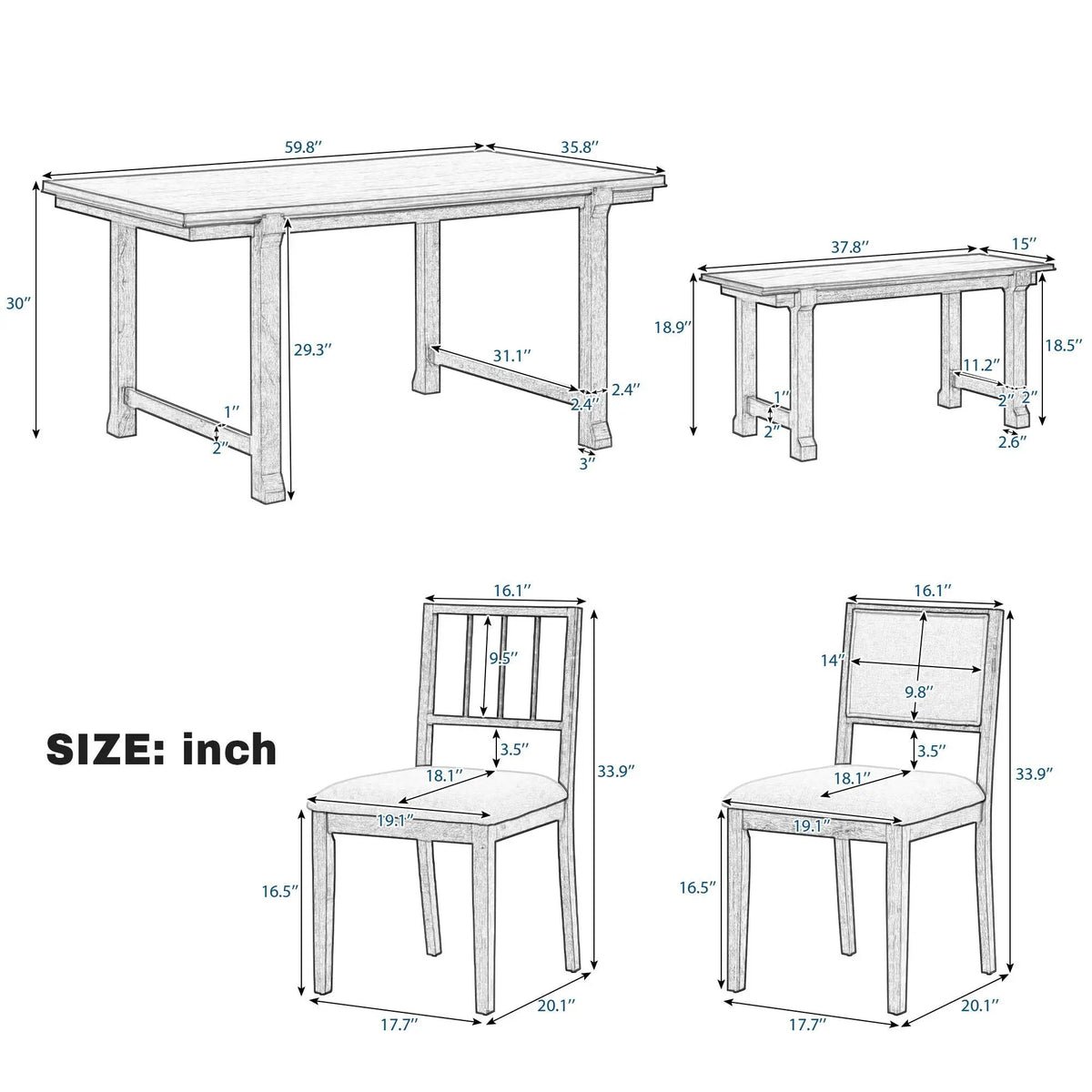 6 Piece Dining Set | Solid Rubber Wood | 4 Slat 2 Upholstered