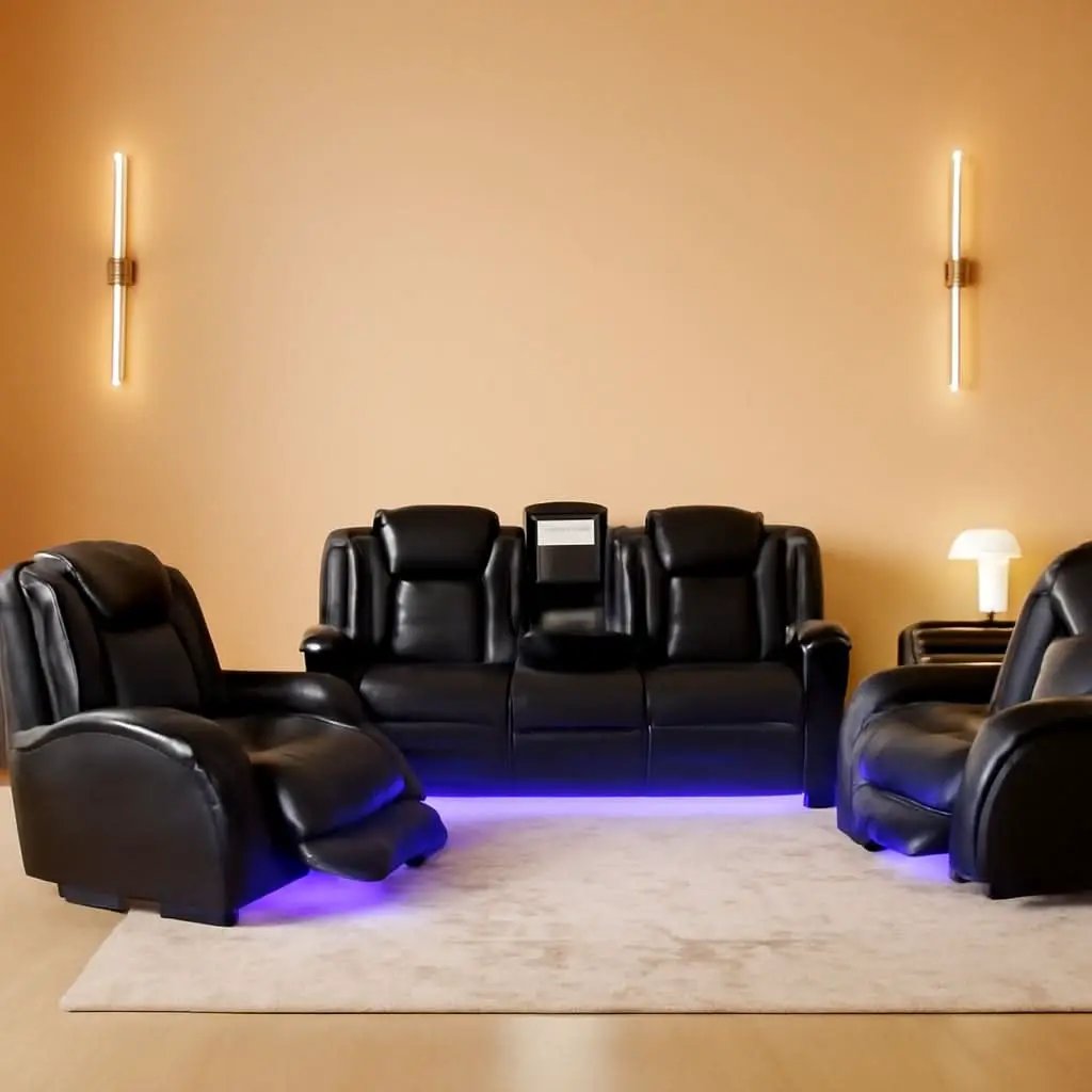 Leather Power Recliner Sofa Set With LED USB Ports Black from PriceLows™