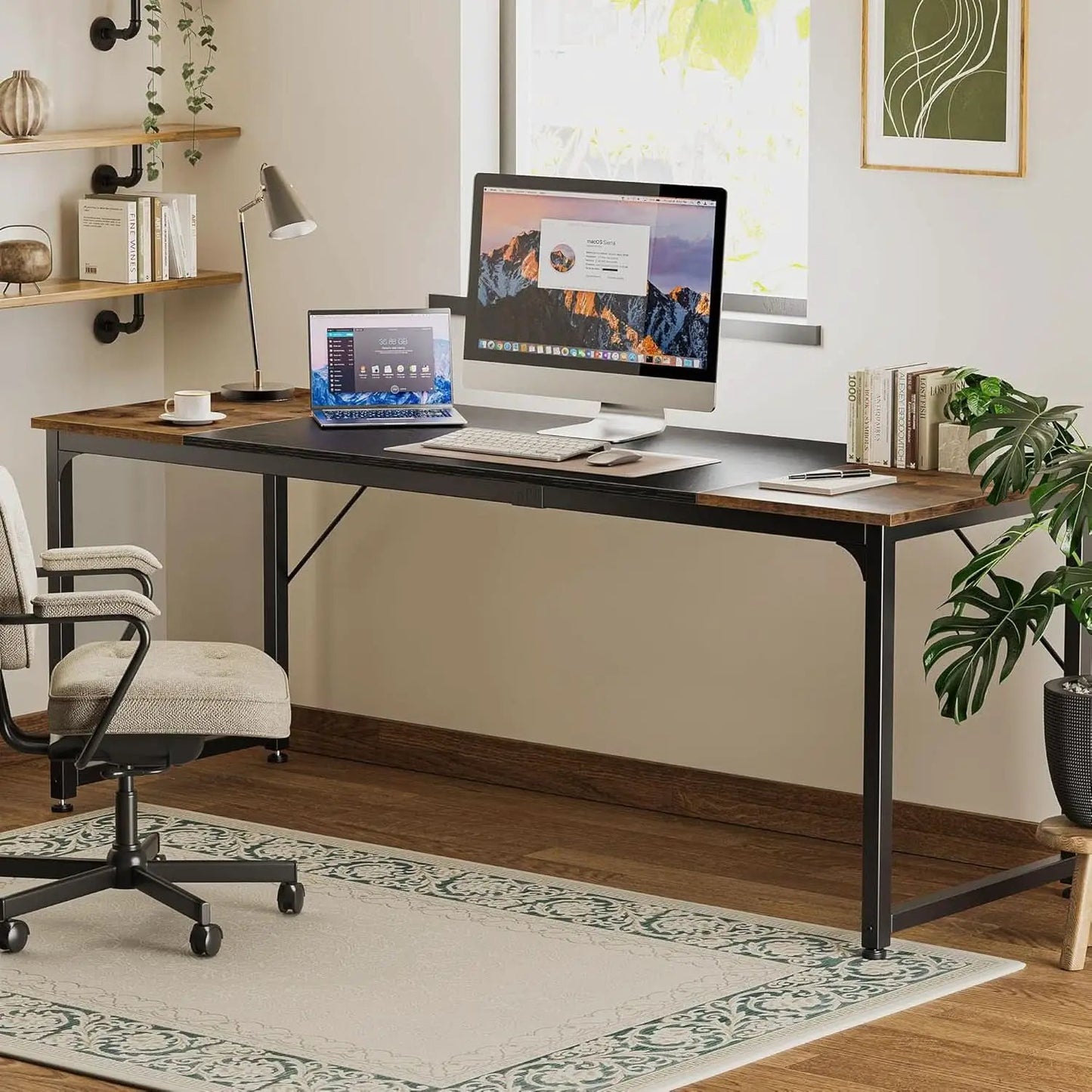 80 Inch Rustic Brown And Black Gaming Desk With Storage from PriceLows™