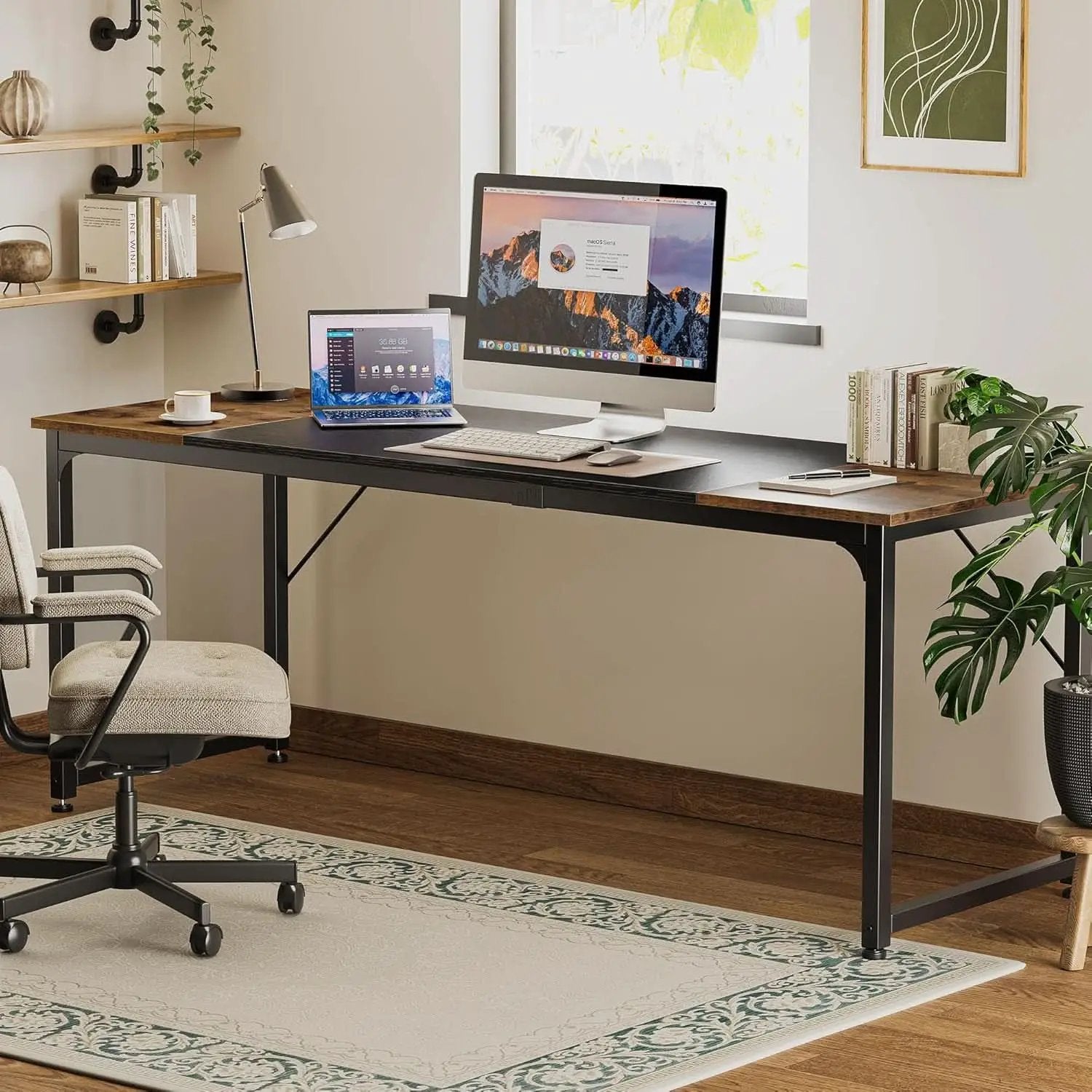 80 Inch Rustic Brown And Black Gaming Desk With Storage from PriceLows™