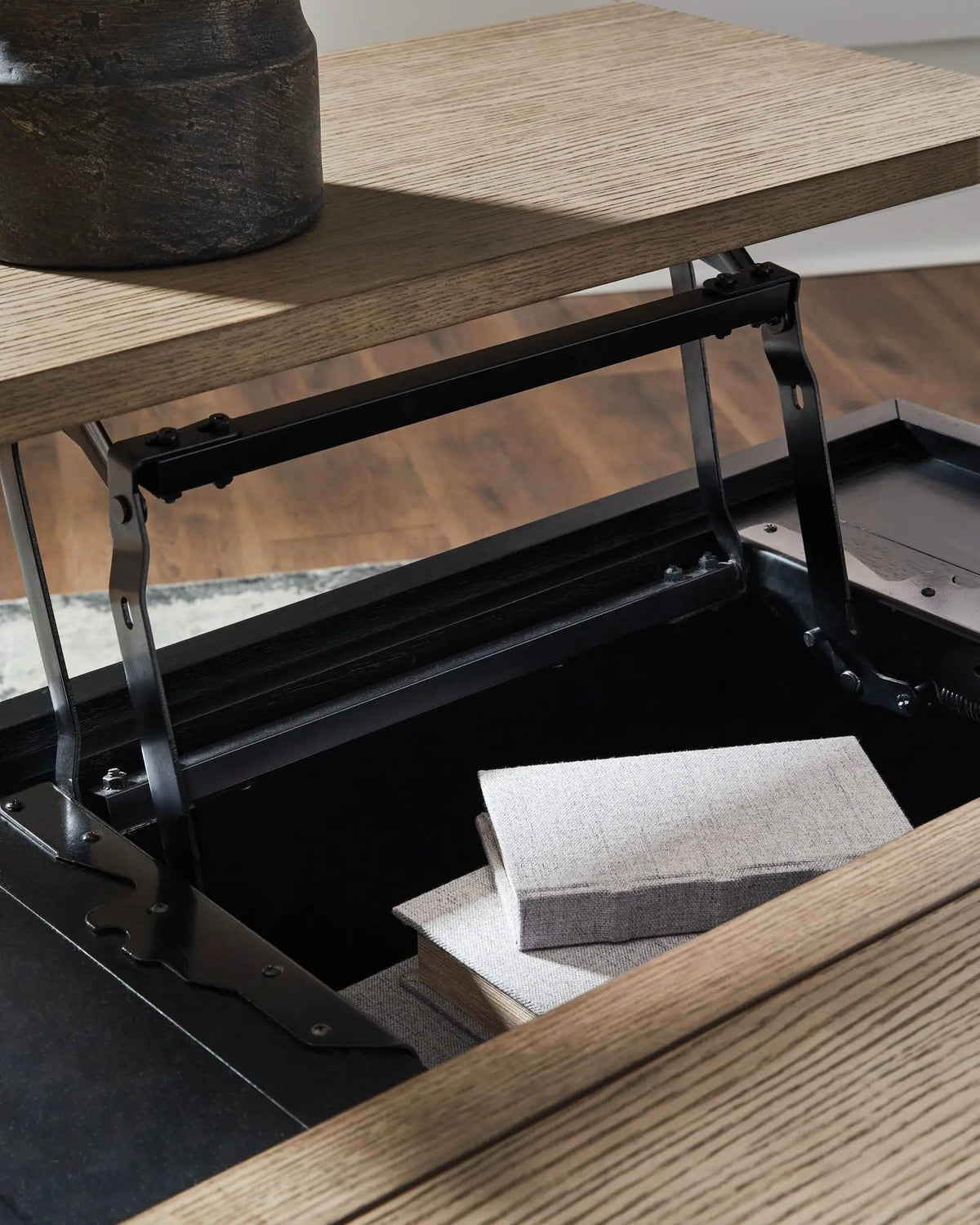 Rylandyn Lift Top Cocktail Table | Black And Light Brown | 36 Inch Square | Door Storage