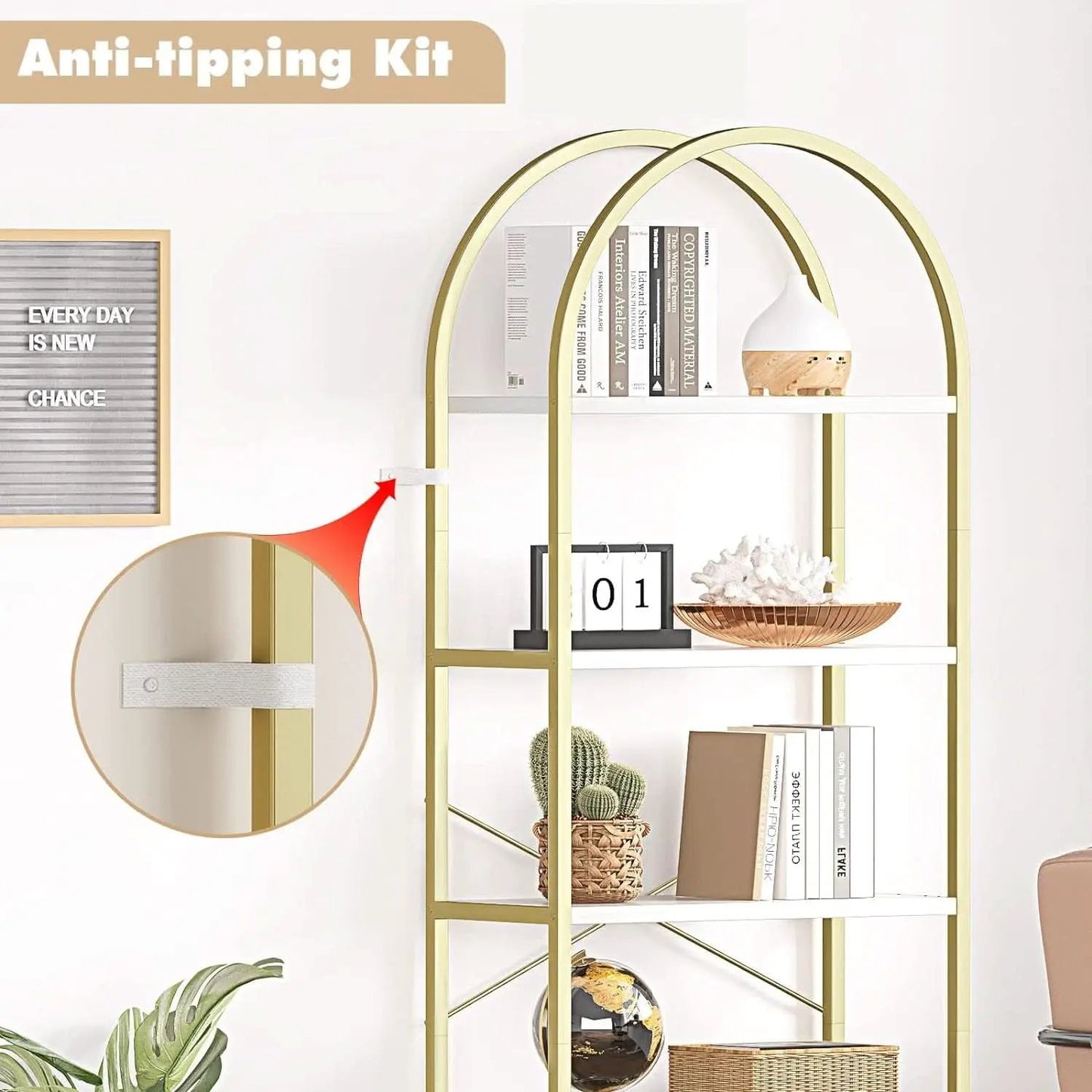 5 Tier Bookshelf Arched Display White Gold Metal Frame Bookcase from PriceLows™