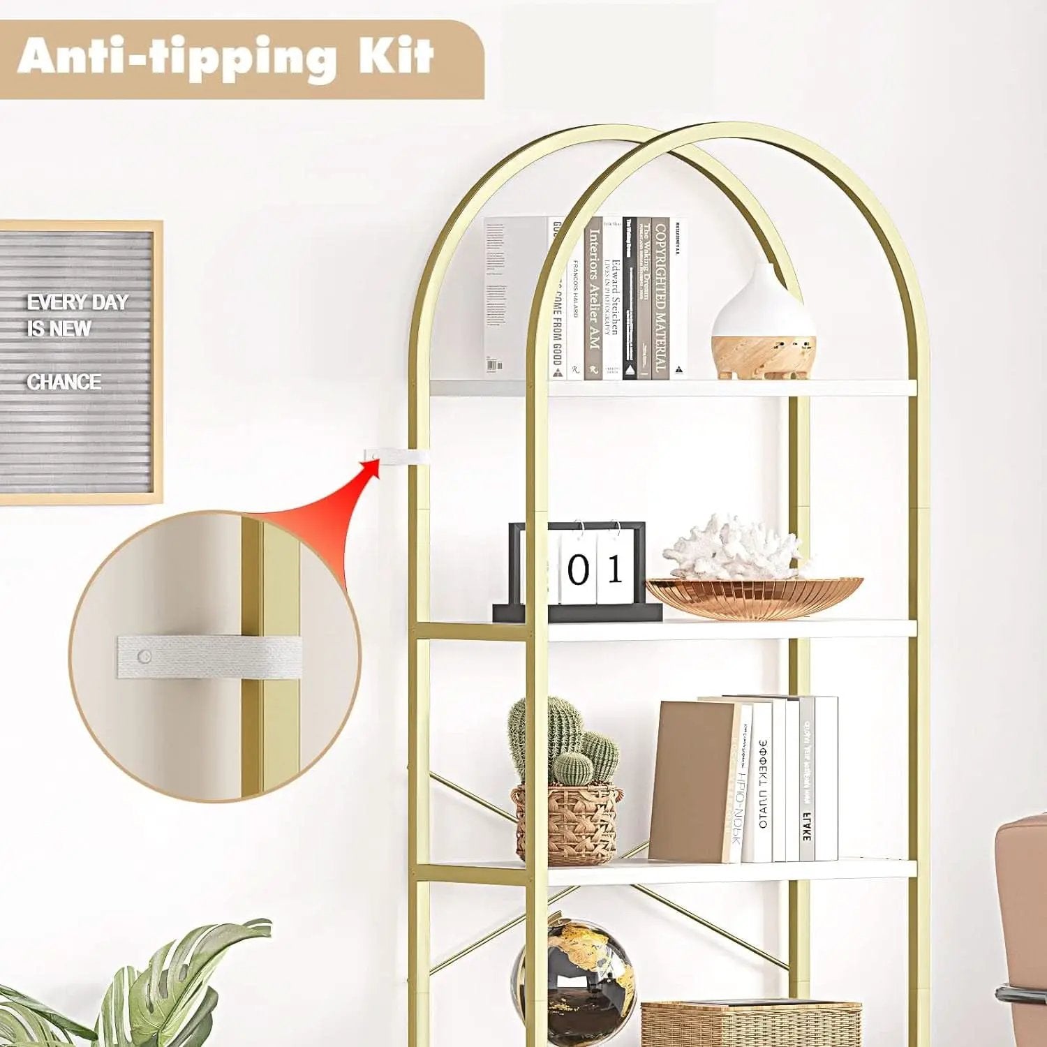 5 Tier Bookshelf Arched Display White Gold Metal Frame Bookcase from PriceLows™