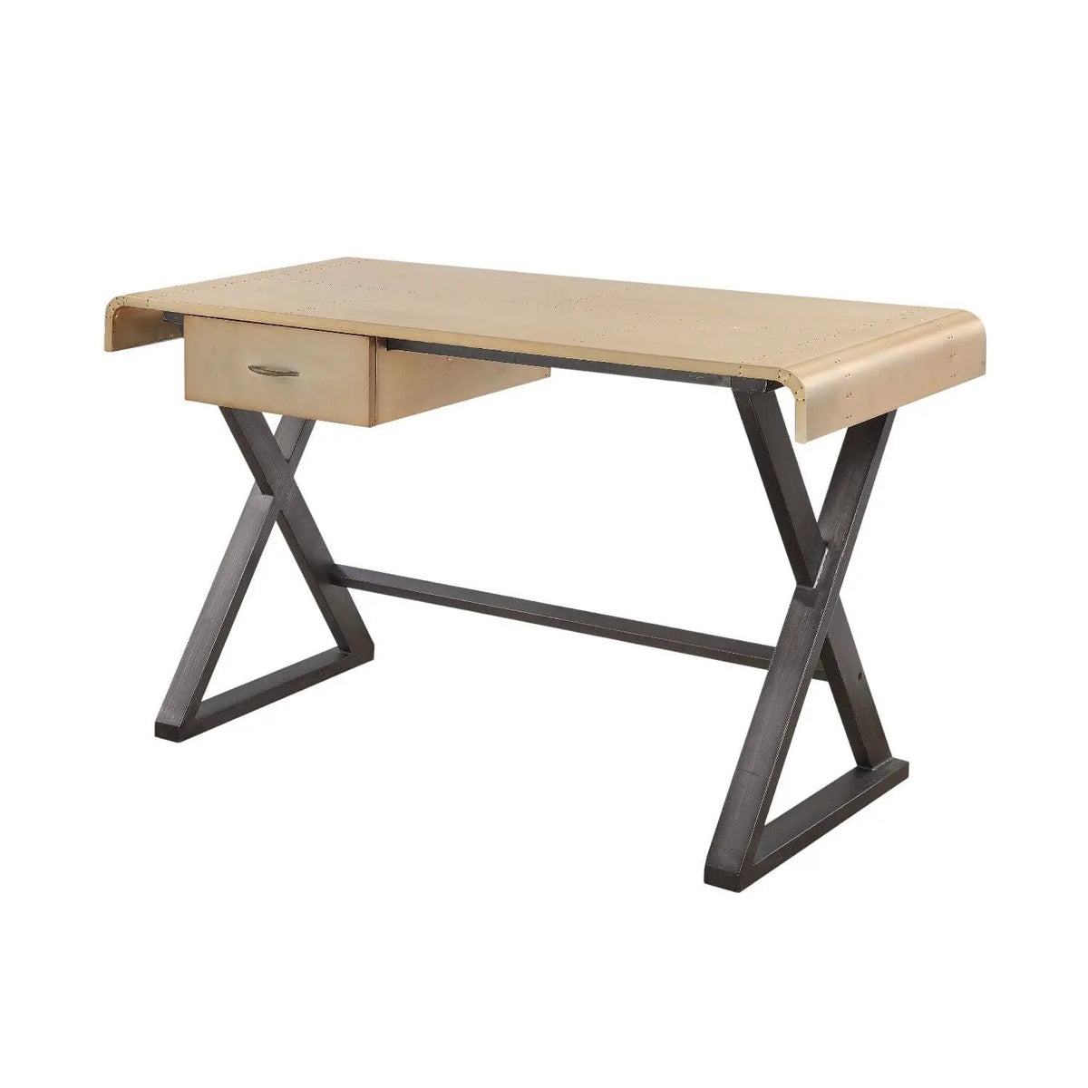 Danton Writing Desk | Gold Aluminum Top | X-Shape Metal Base | Full-Extension Drawer