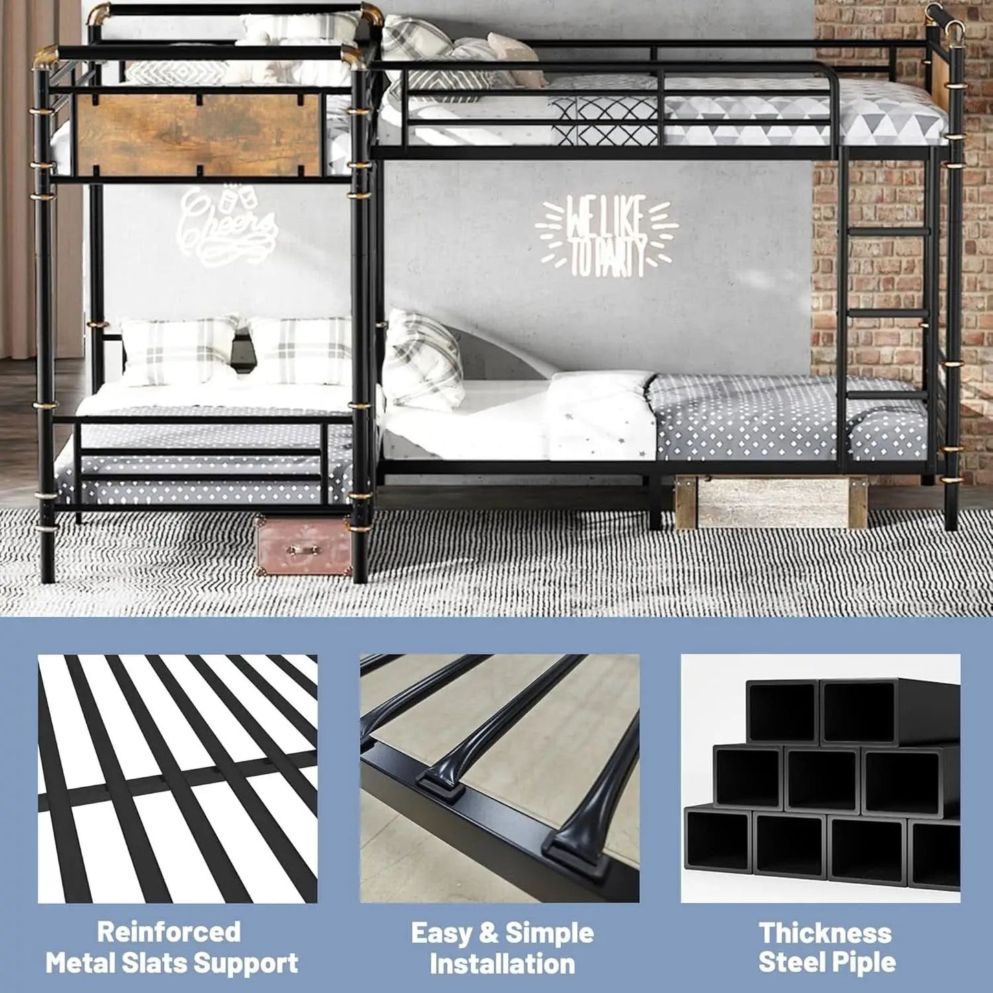 Quad Bunk Bed Twin Size Metal With Ladders Detachable Black from PriceLows™