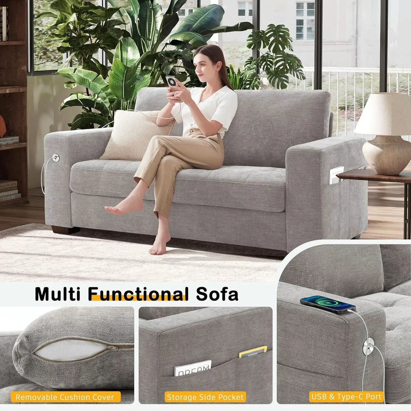 70 Inch Gray Chenille Loveseat With USB C Ports And Plush Cushions from PriceLows™