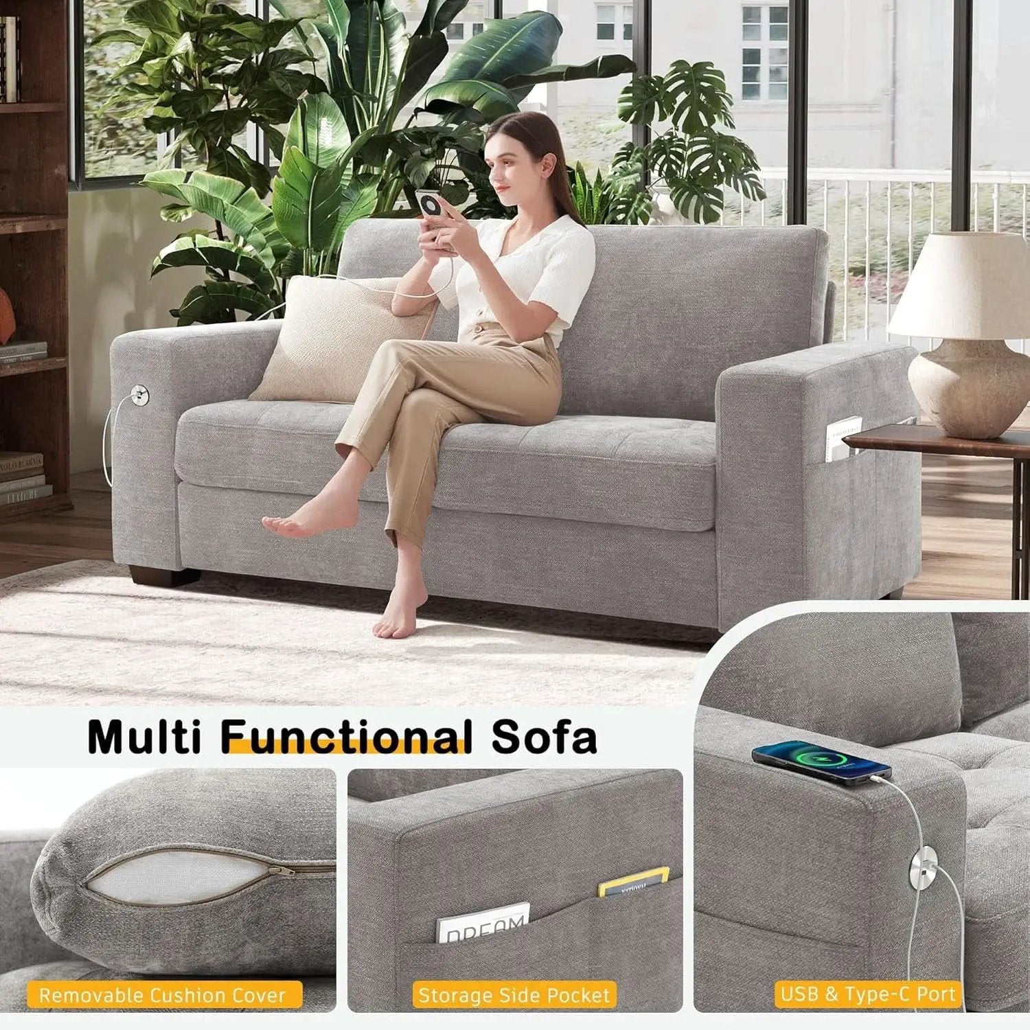 70 Inch Gray Chenille Loveseat With USB C Ports And Plush Cushions from PriceLows™