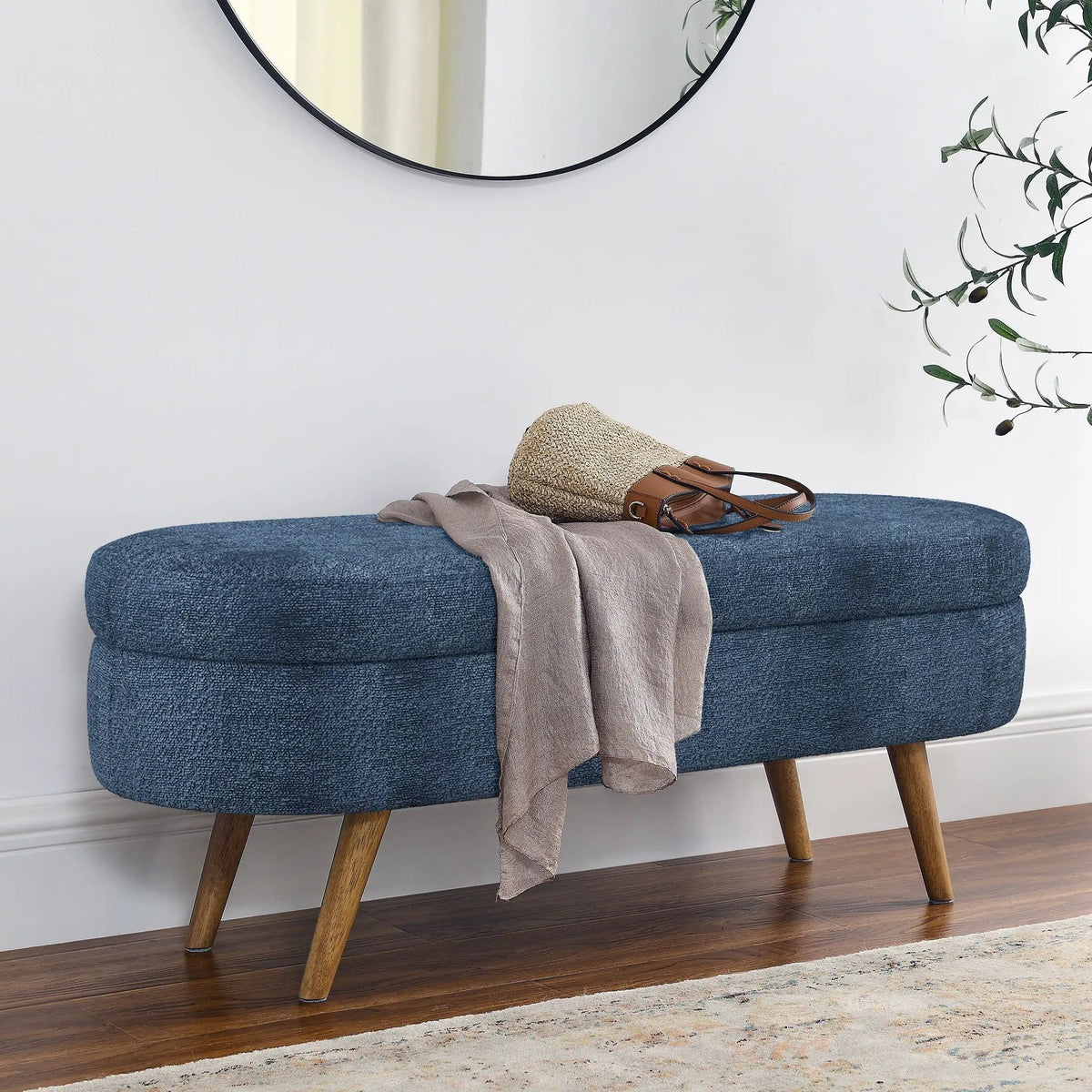 Oval Storage Ottoman Bench | Rubber Wood Legs | Pleated Dark Fabric | Footstool Or Extra Seating