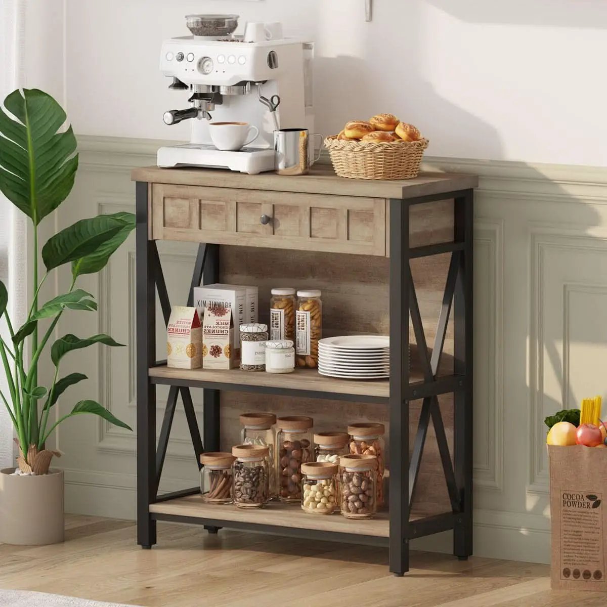 Rustic Oak 3 Tier Bookshelf With Drawer Industrial Wood And Metal Bookcase from PriceLows™