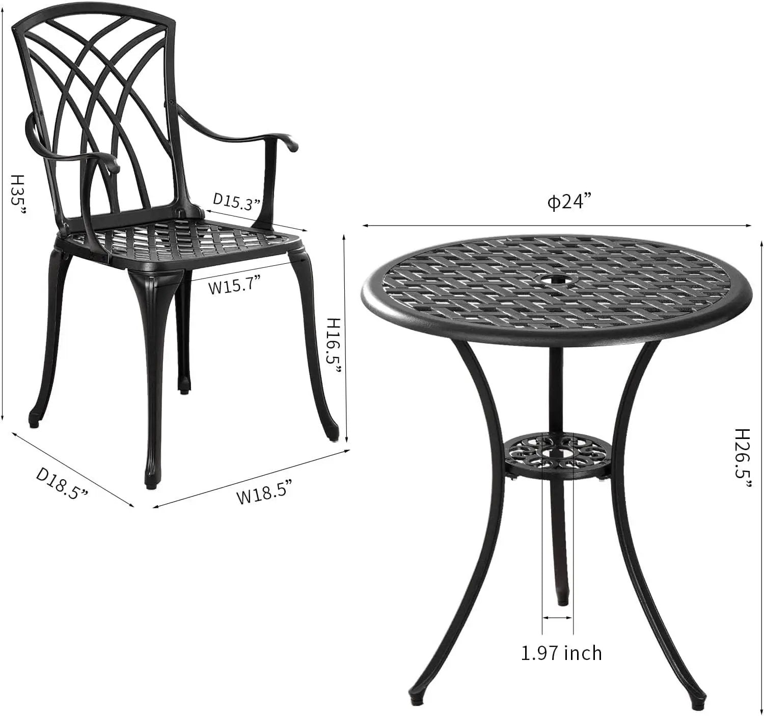 Outdoor Cast Aluminum Bistro Set 3 Piece Table And 2 Chairs Black from PriceLows™