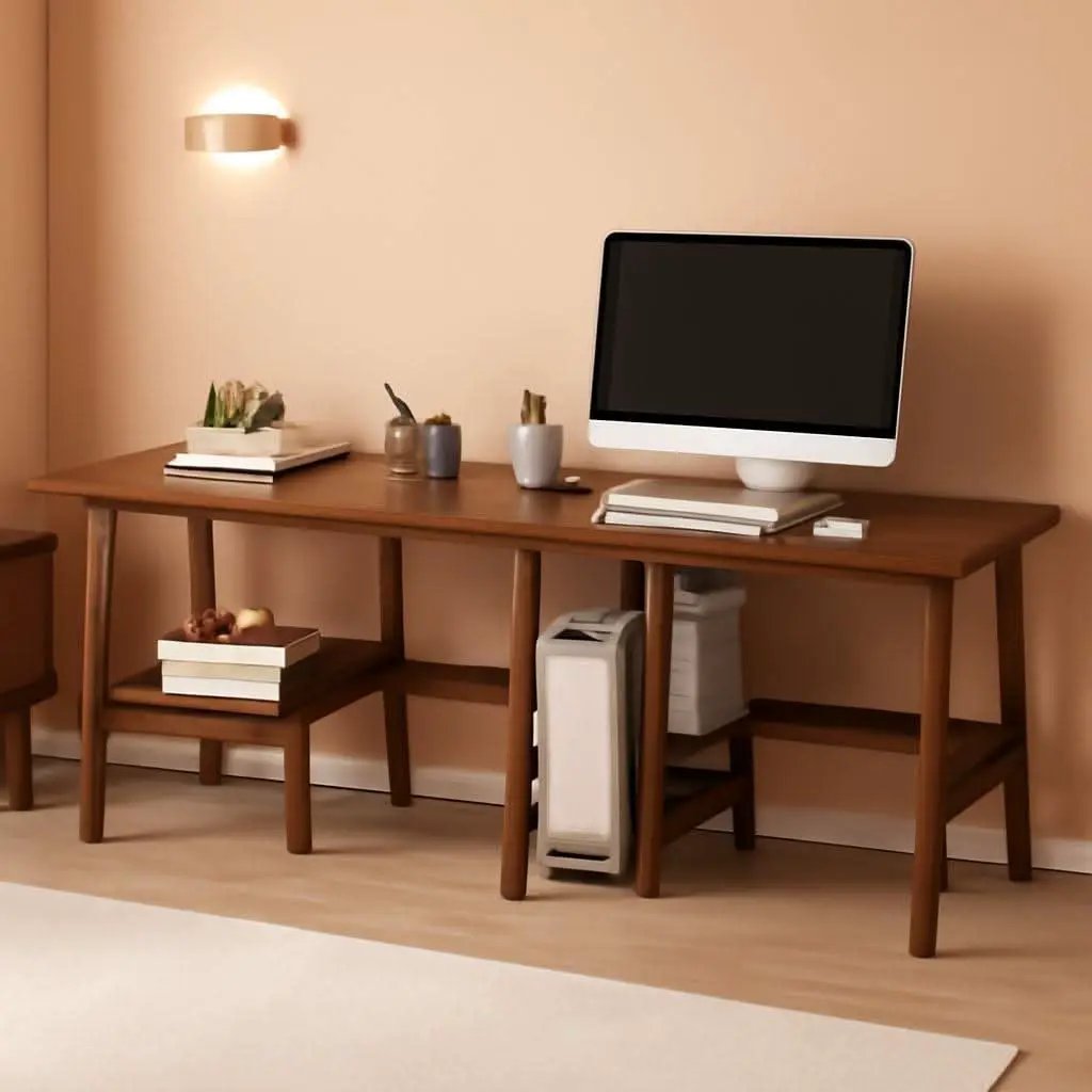 Two Person Desk Walnut 79 Inch Extended Workstation Shelves from PriceLows™