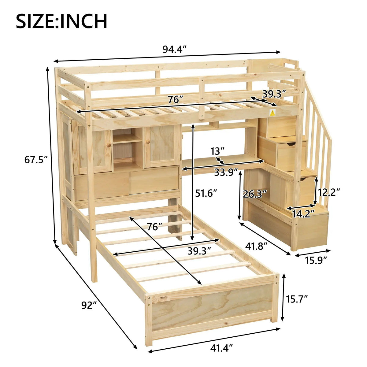 Loft Bed | Solid Pine Wood | Built In Desk | Side Storage