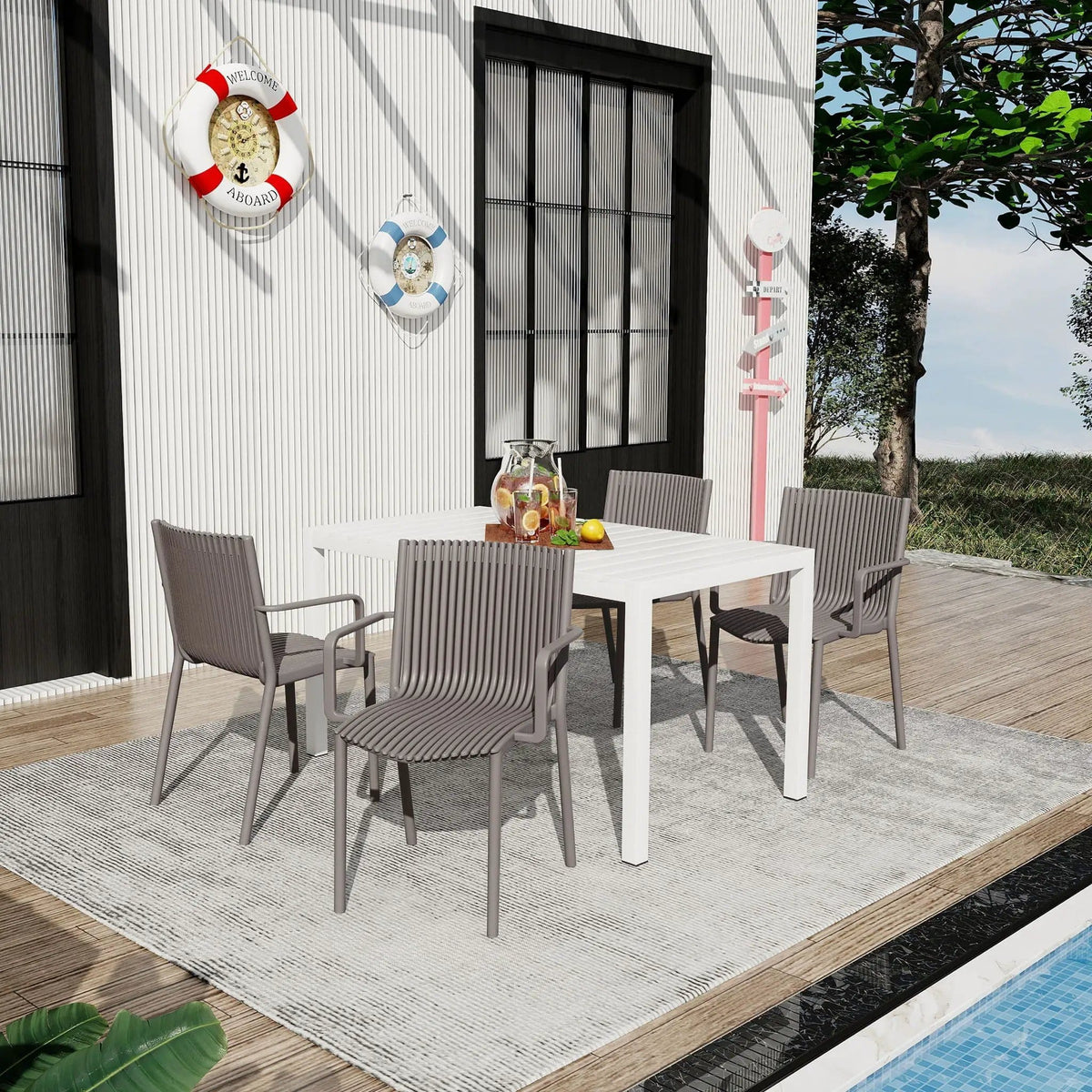 4 Modern Stackable Armchair Matched With Long Table 5 Piece Outdoor Set | 5 Piece Outdoor Set | Metal | Outdoor Living