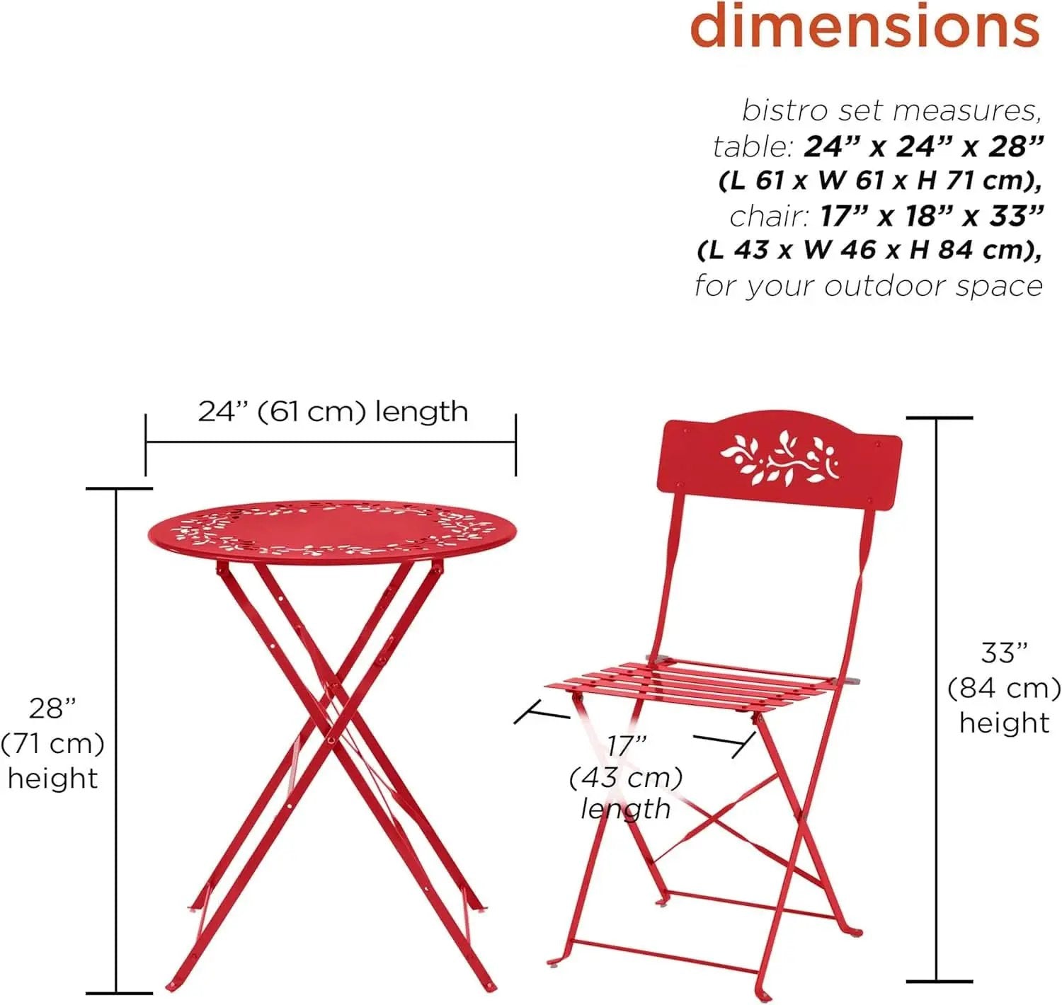 Indoor Outdoor 3 Piece Folding Bistro Set Red Table Chairs from PriceLows™