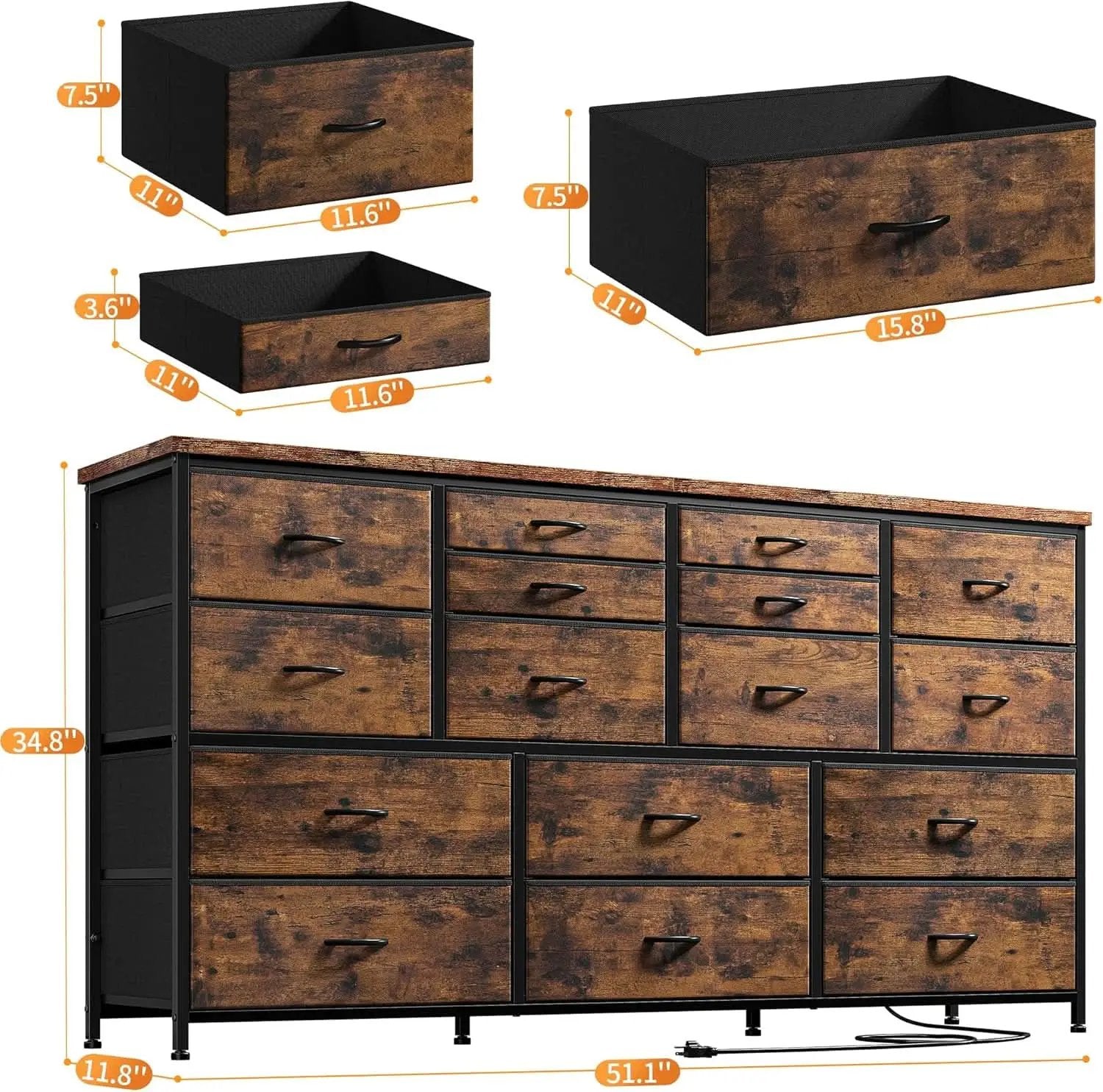 51.1 Inch TV Stand Dresser With 16 Drawers Charging Station from PriceLows™