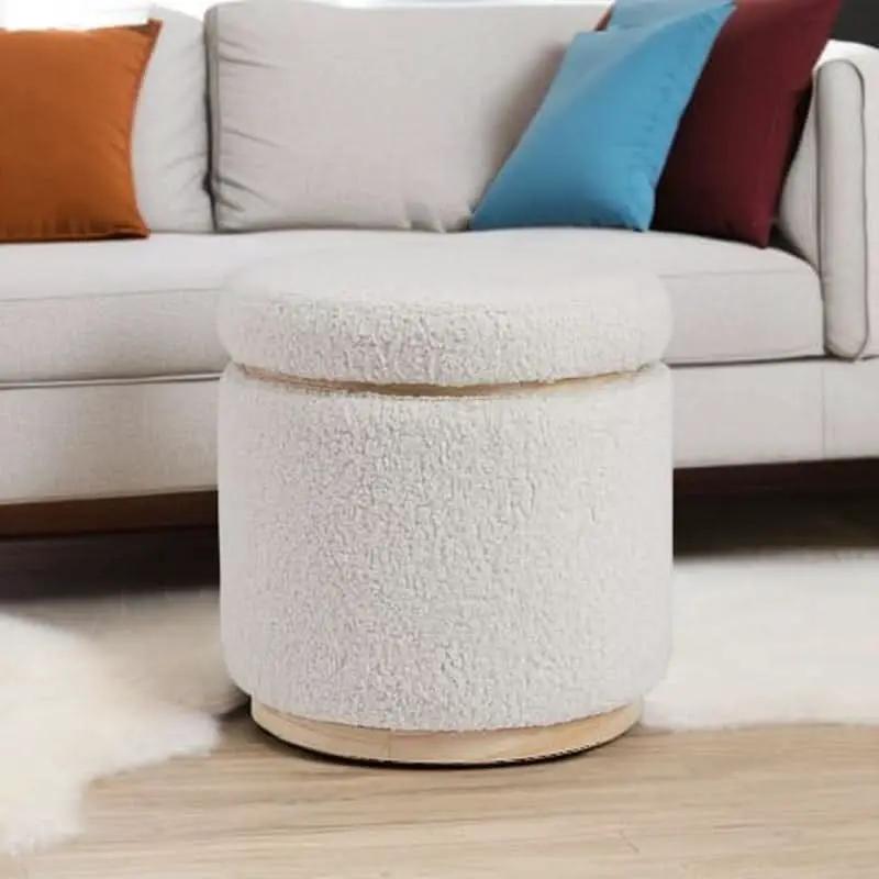 Cream Sherpa Deluxe Storage Ottoman Solidwood Base from PriceLows™