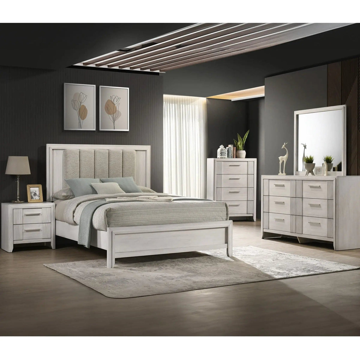 Plush Upholstered Headboard Framed Bed | 2 Pieces | Fabric & Wood | Bedroom
