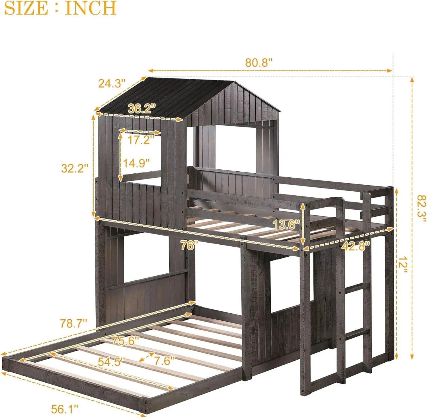 House Bunk Beds Twin Over Full Wood Distressed Grey from PriceLows™