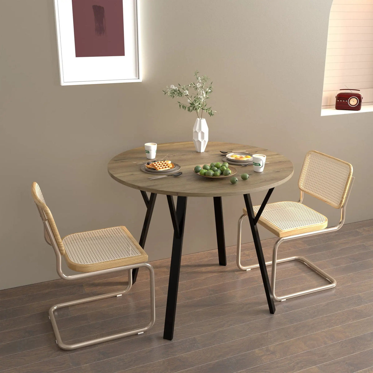 Round Dining Table | Rustic Brown MDF Top | Black Steel Legs | Seats 2-4