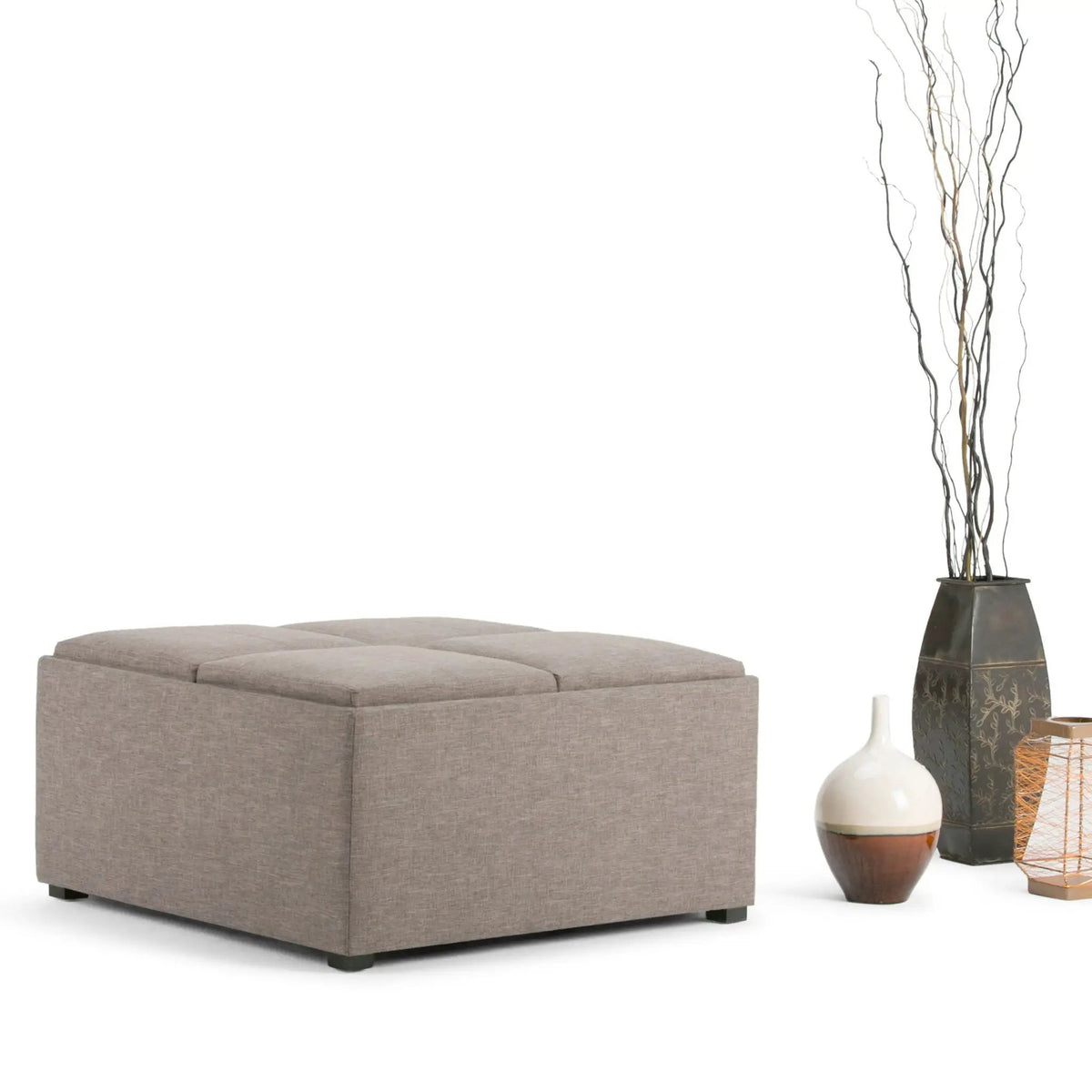 Avalon Square Storage Ottoman | Coffee Table Design | Four Flip Over Serving Trays | 35 Inch Width