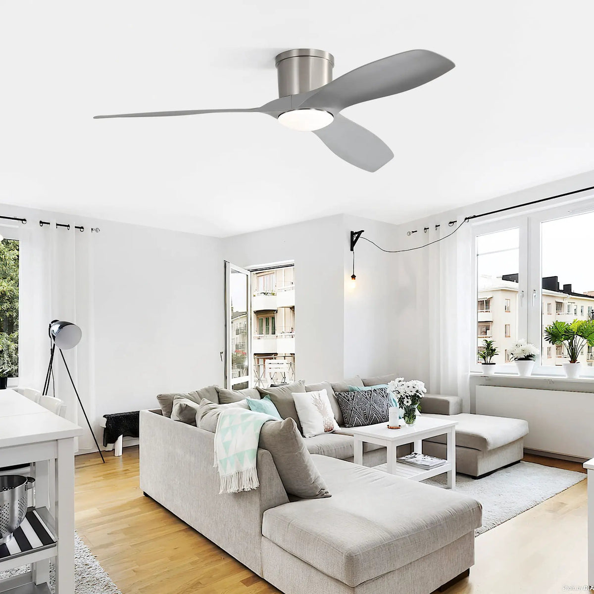 Flush Mount Ceiling Fan | 52 Inch Span | Dimmable LED Light | 3 Blades Reversible DC Motor
