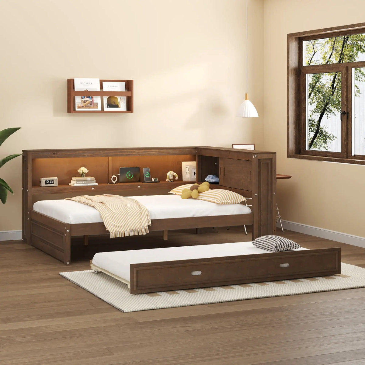 Daybed With Trundle | Storage Shelves | LED Strip With Remote | USB Charging