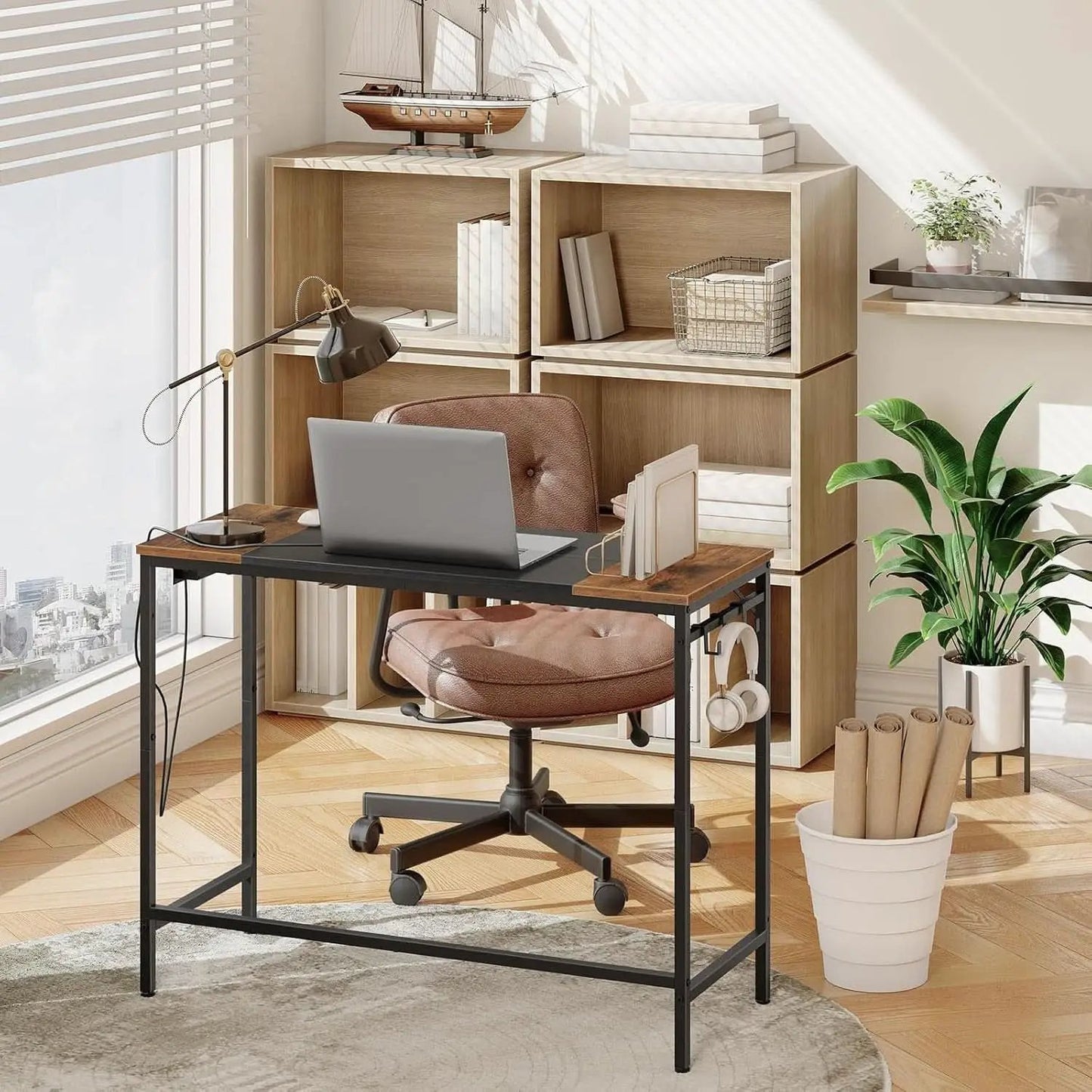 Computer Desk With Power Outlets In Rustic Brown And Black from PriceLows™