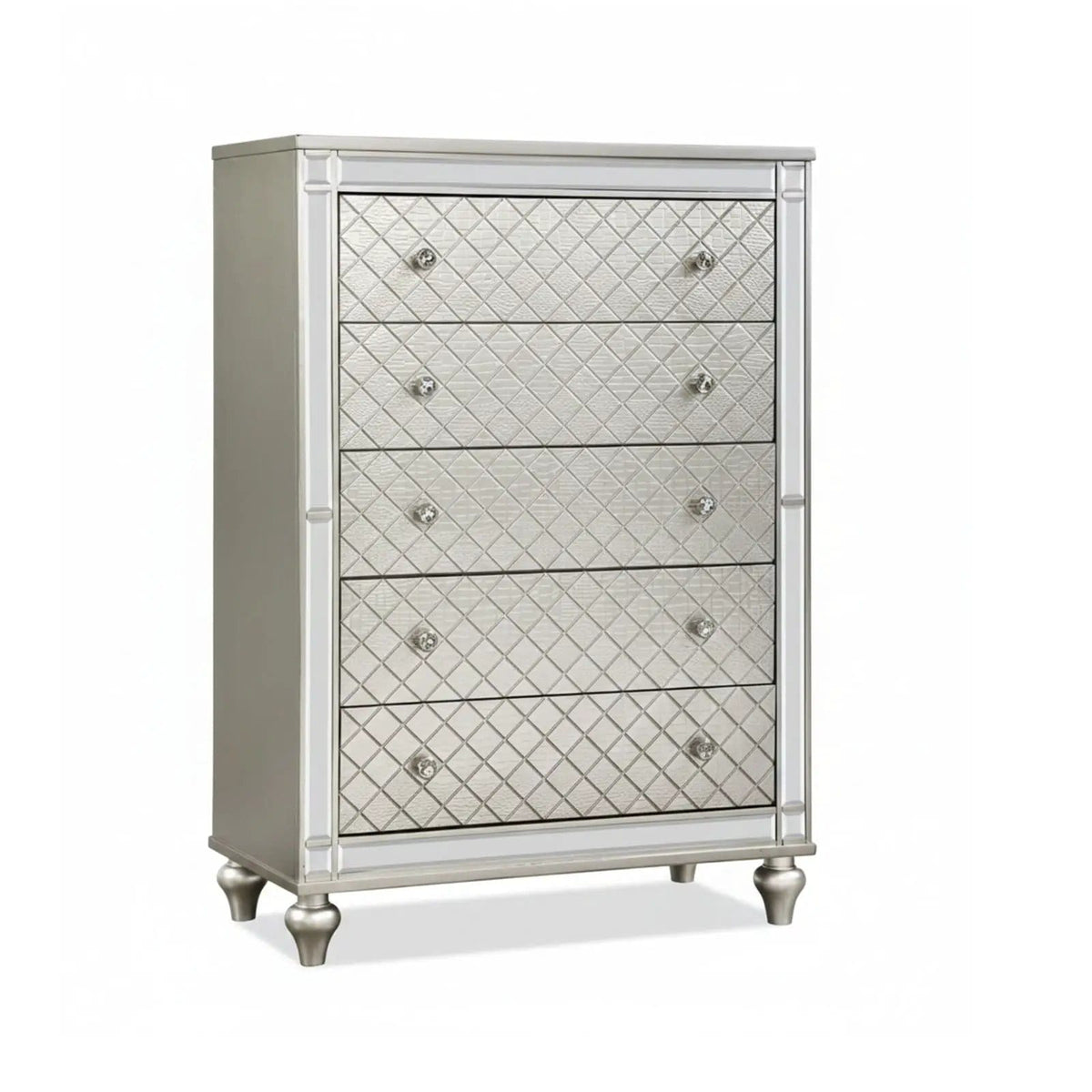 5 Drawer Bedroom Chest With Diamond Patterned Fronts - | 36 x 18.3 x 52 in | 5-Drawer | Silver