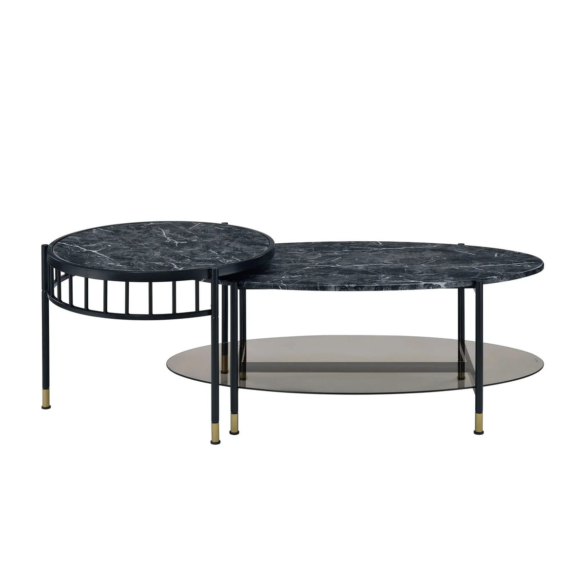 Silas Nesting Table Set | Black | Engineered Stone Top | Oval Coffee Table With Lower Shelf