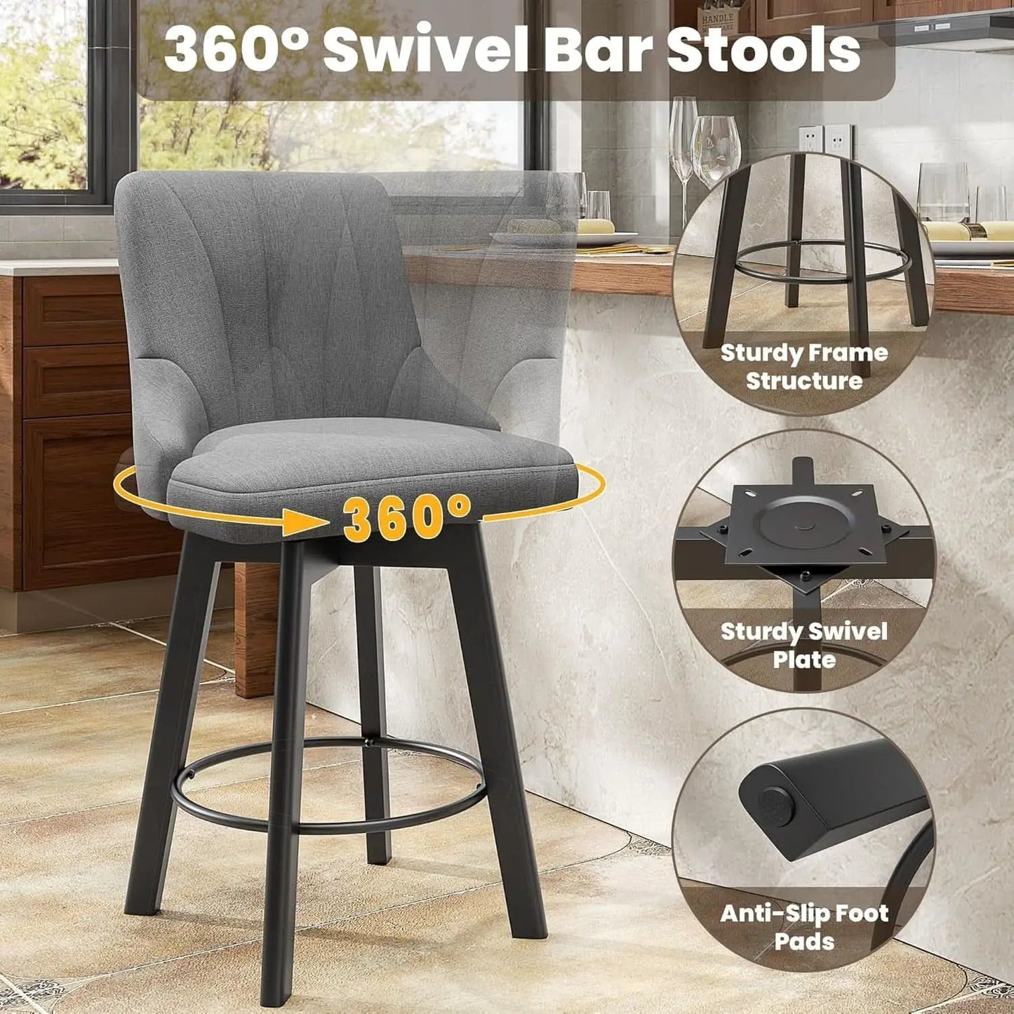 24 Inch Dark Gray Swivel Bar Stools With Backs Set Of 2 from PriceLows™