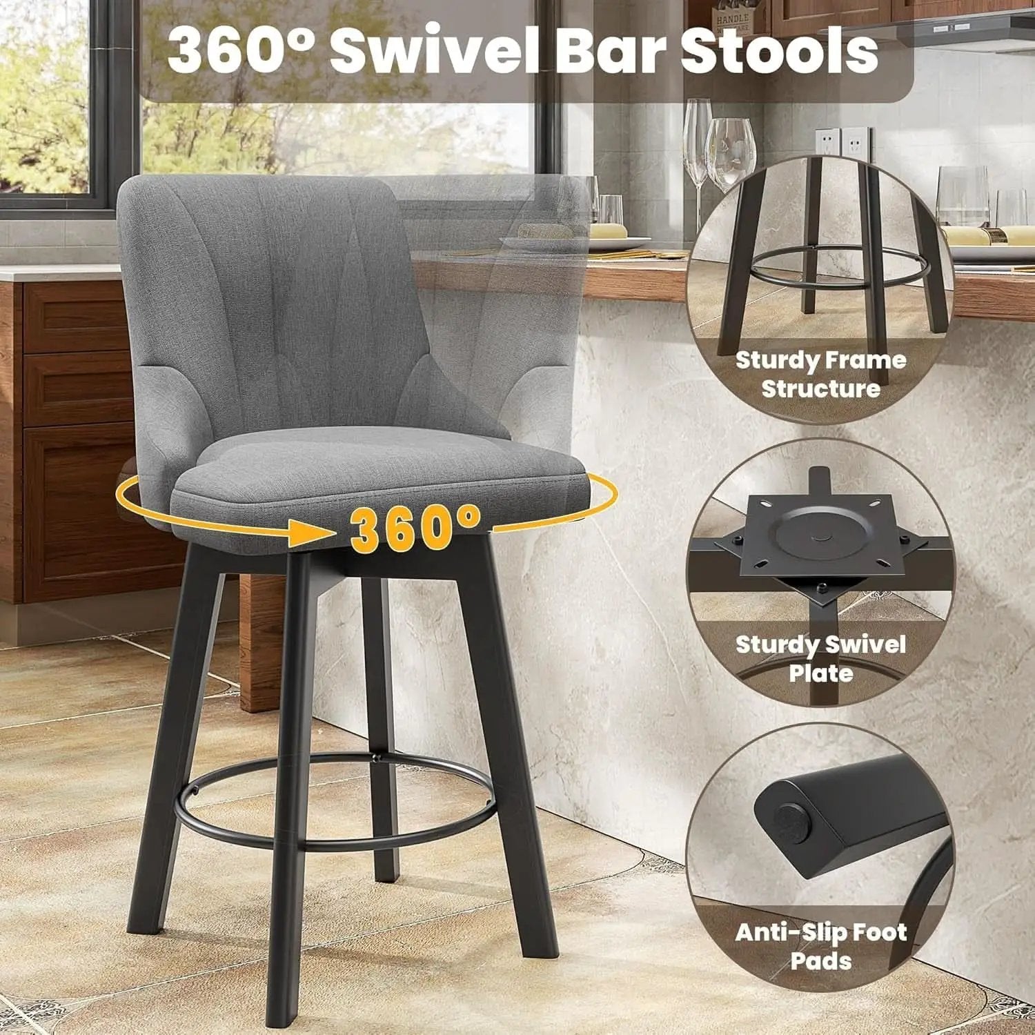 24 Inch Dark Gray Swivel Bar Stools With Backs Set Of 2 from PriceLows™