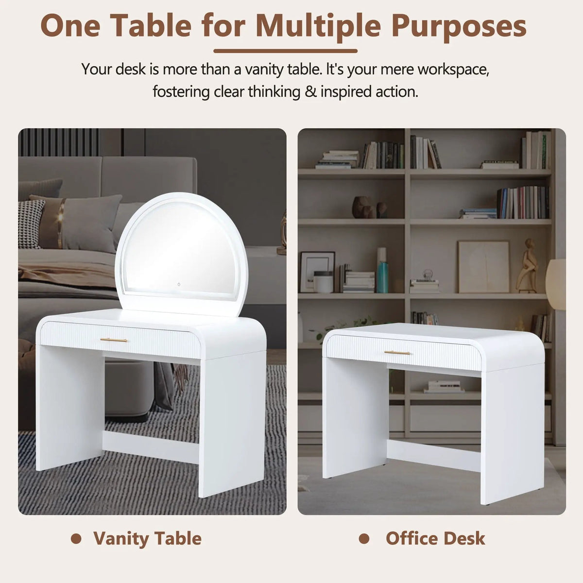 Makeup Vanity Table | Touch Screen Lighted Mirror | Storage Drawer | Curved Edges