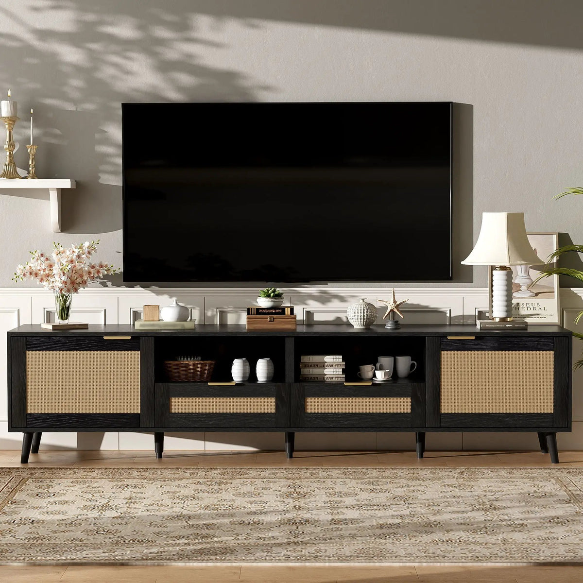 Rattan TV Stand | Media Console | Two Cabinets And Two Open Shelves | Cable Management