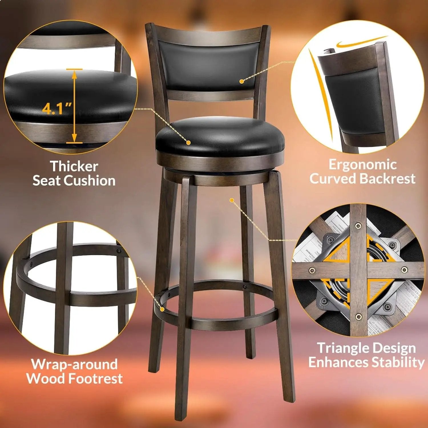 Swivel Bar Stools Set of 2 Black Faux Leather 34 Inch from PriceLows™