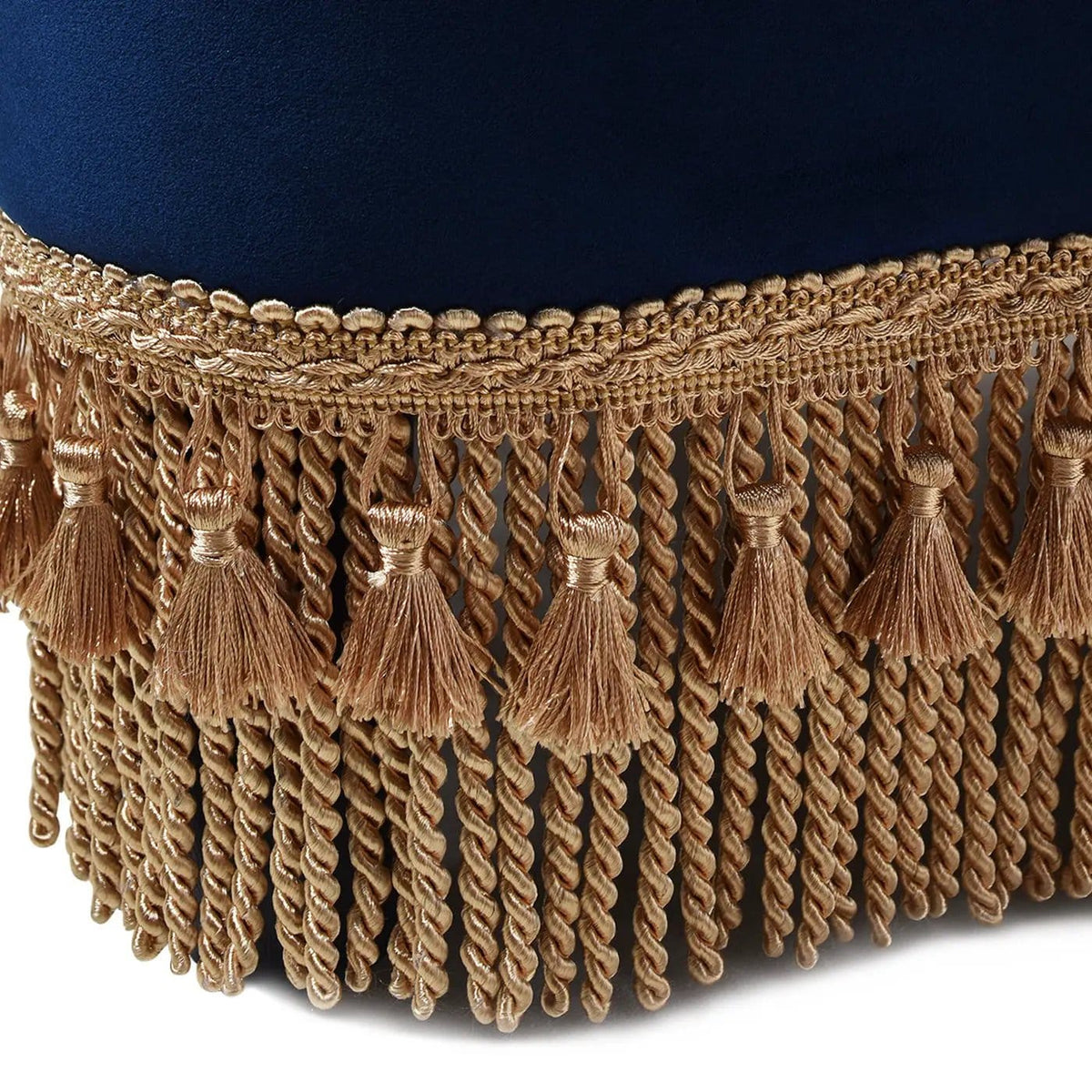 Ellen Upholstered Clover Ottoman With Gold Bullion Fringe | 20 x 20 x 17 in | Fabric & Plywood | Navy Blue