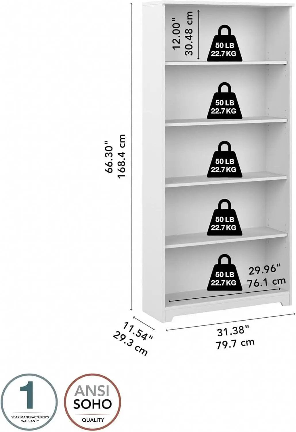 Bush Cabot White Tall Five Shelf Bookcase Unit With Adjustable Shelves from PriceLows™