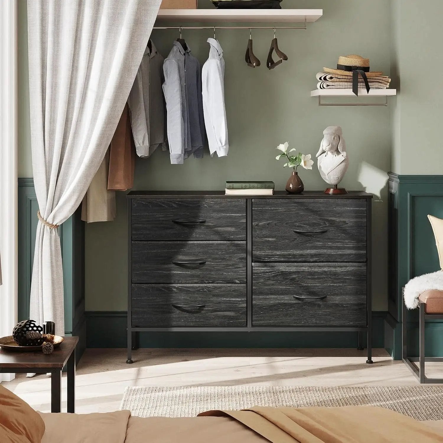 Fabric Dresser With 5 Drawers Charcoal Black Wood Grain from PriceLows™