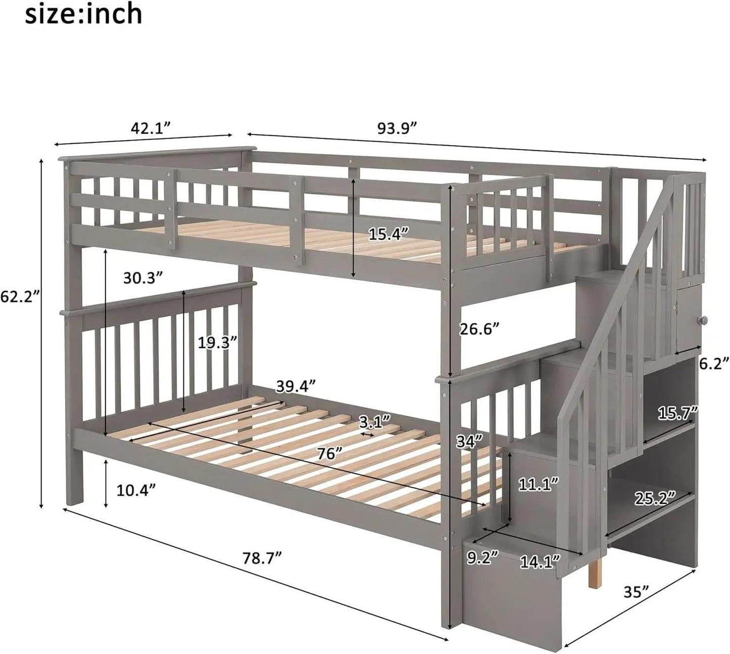 Twin Over Twin Bunk Beds With Stairs Grey For Kids Dorm from PriceLows™