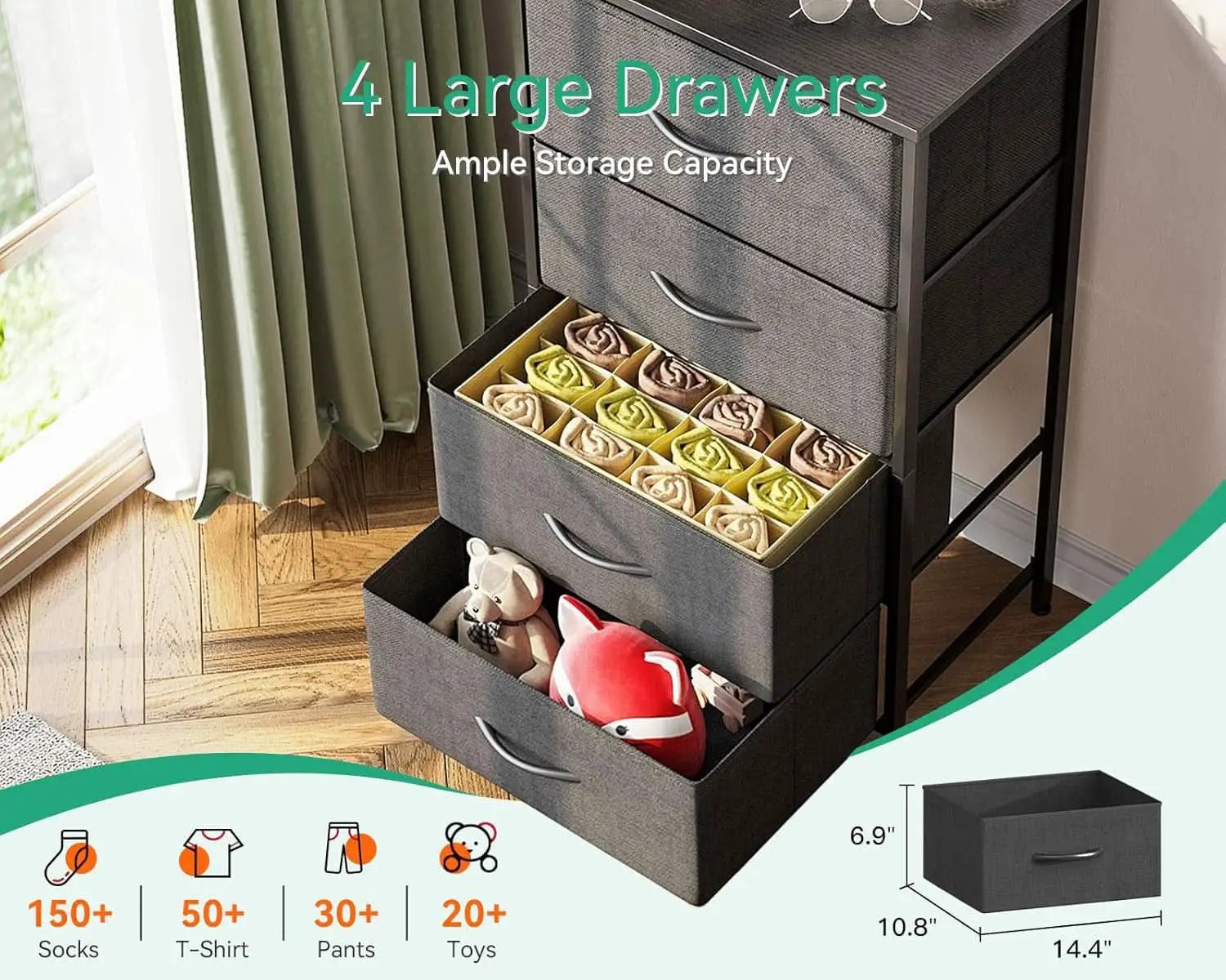 Compact 4 Drawer Dresser Dark Grey For Small Bedrooms from PriceLows™