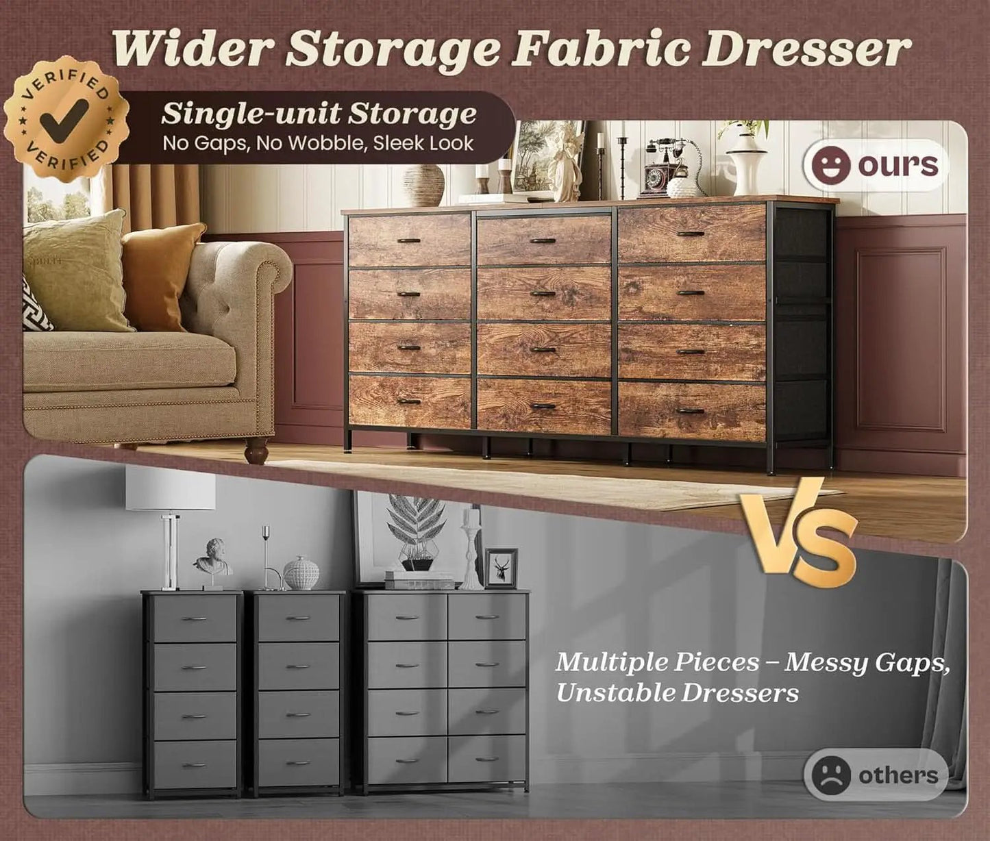 63Inch Dresser With Premium Fabric Drawers RusticBrown from PriceLows™